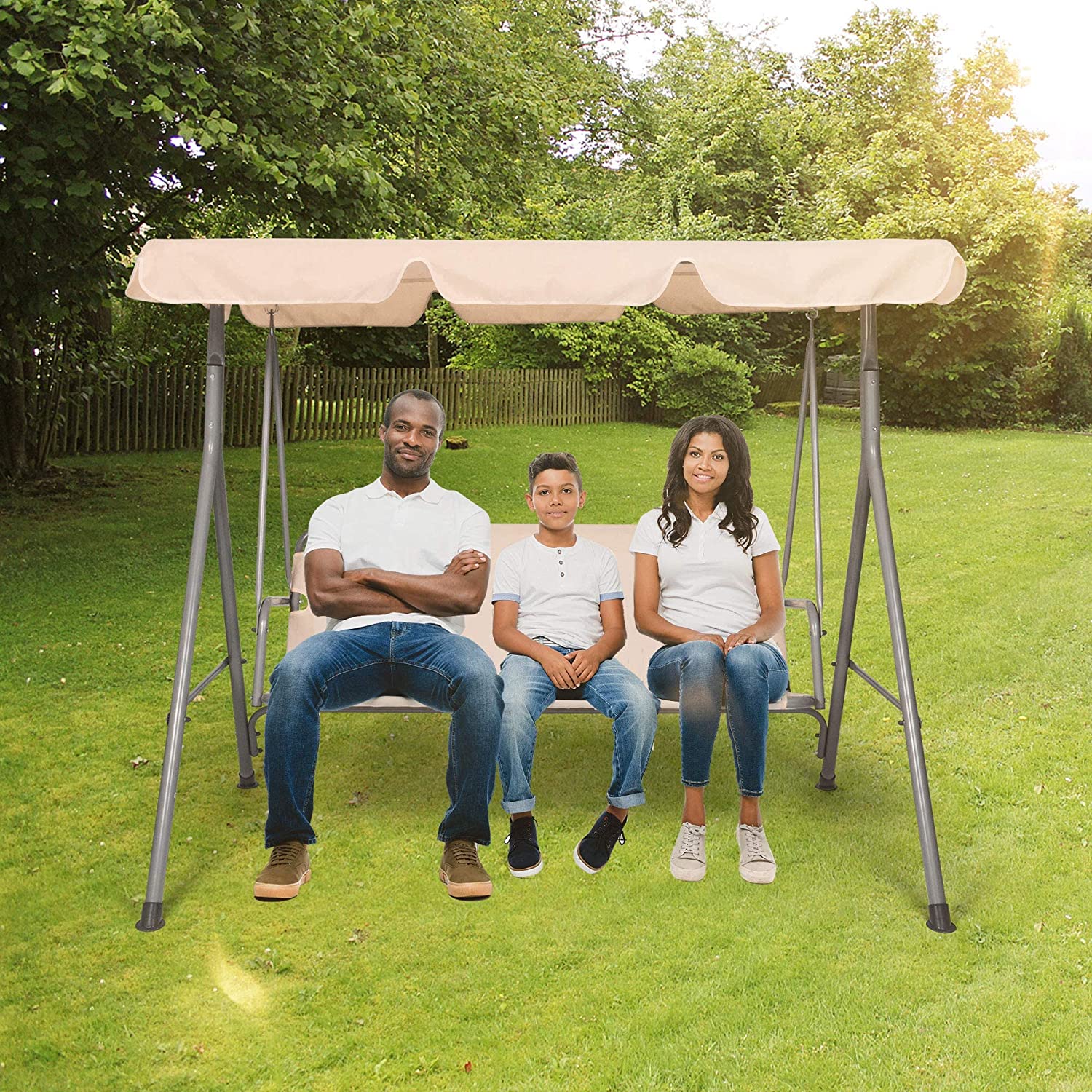 3-Seat Outdoor Patio Swing Chair Adjustable Canopy & Anti-Slip Padded Feets, Beige - Bosonshop