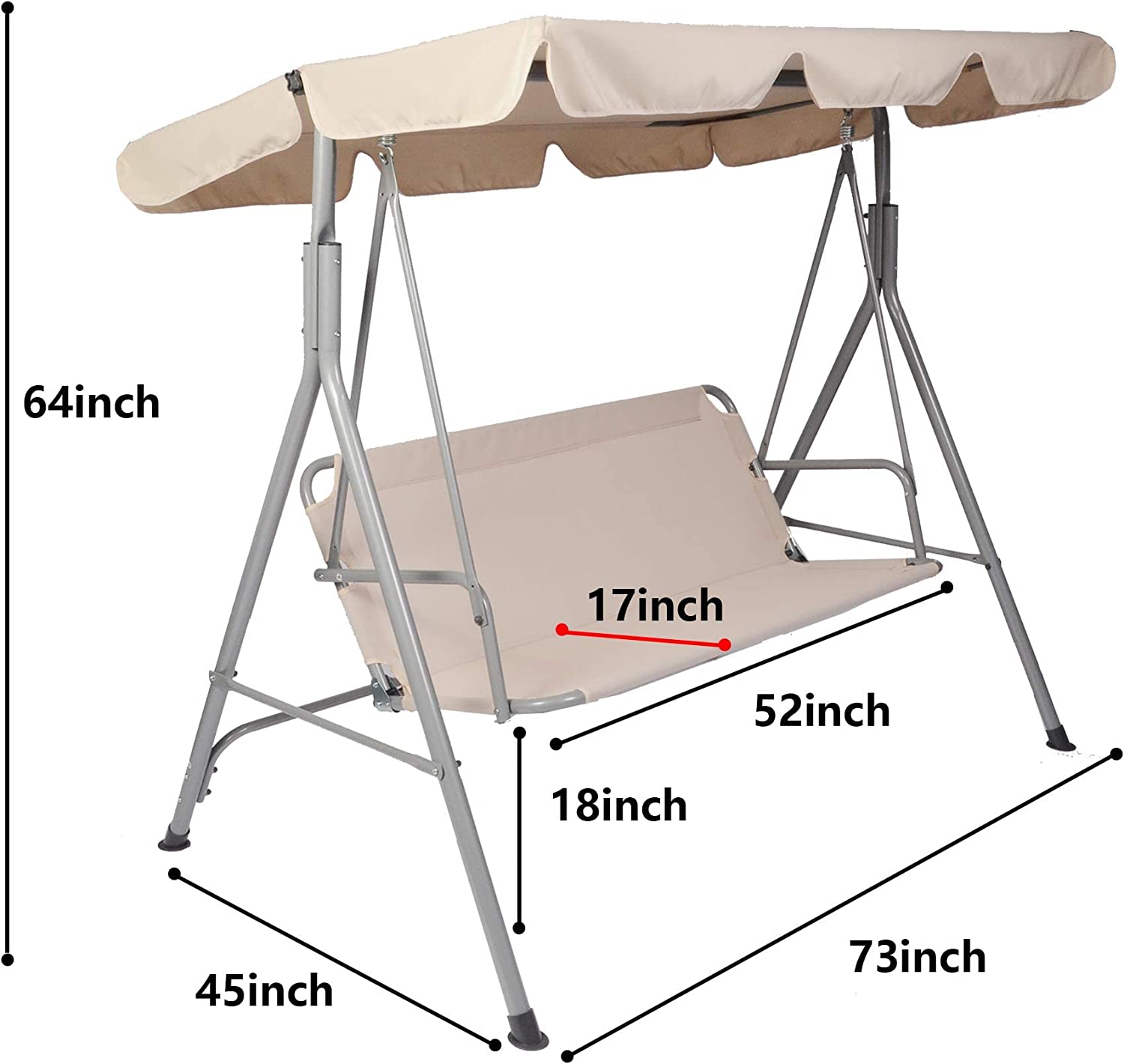 3-Seat Outdoor Patio Swing Chair Adjustable Canopy & Anti-Slip Padded Feets, Beige - Bosonshop