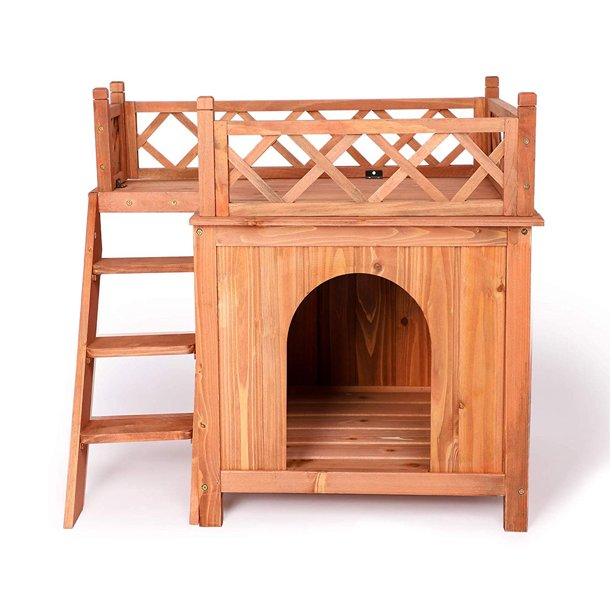 Pet Dog House, 2-Story Weather Resistant Wooden Kennel with Roof Balcony and Stairs - Bosonshop