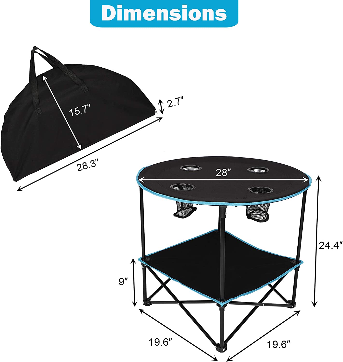 Folding Table, Travel Camping Picnic Collapsible Round Table with 4 Cup Holders and Carry Bag (Black & Blue) - Bosonshop