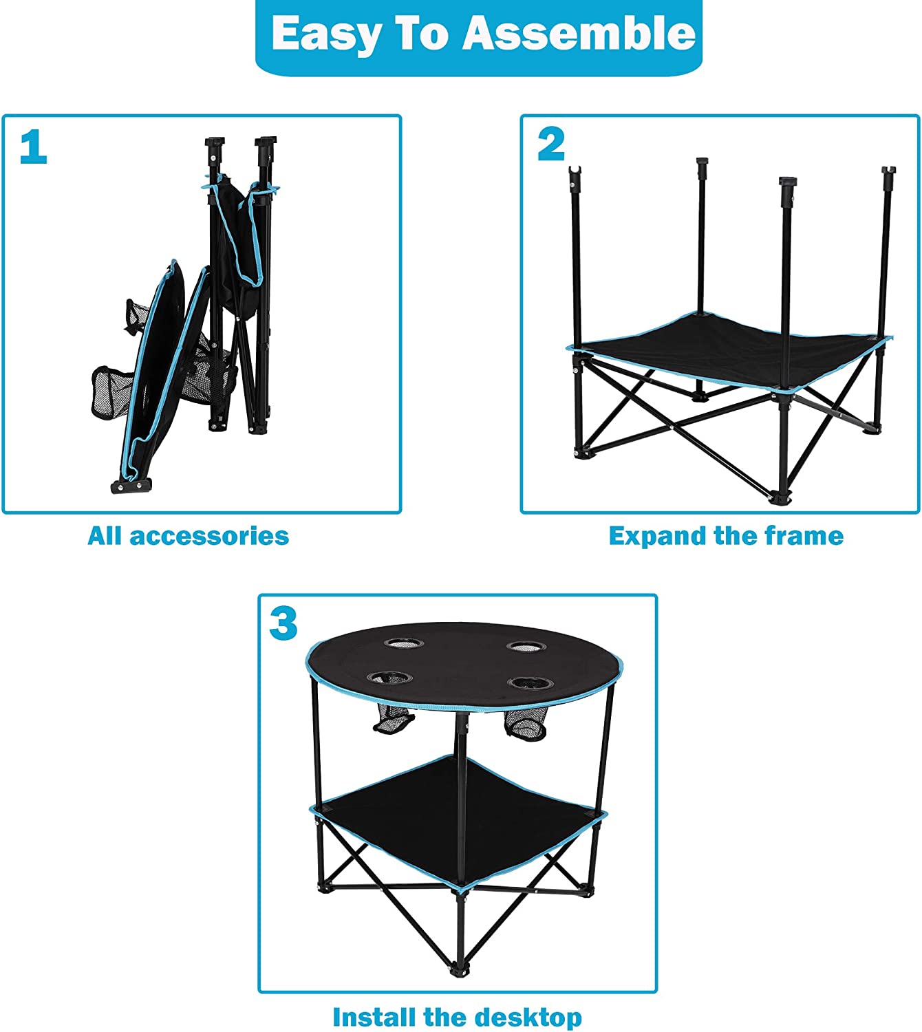 Folding Table, Travel Camping Picnic Collapsible Round Table with 4 Cup Holders and Carry Bag (Black & Blue) - Bosonshop