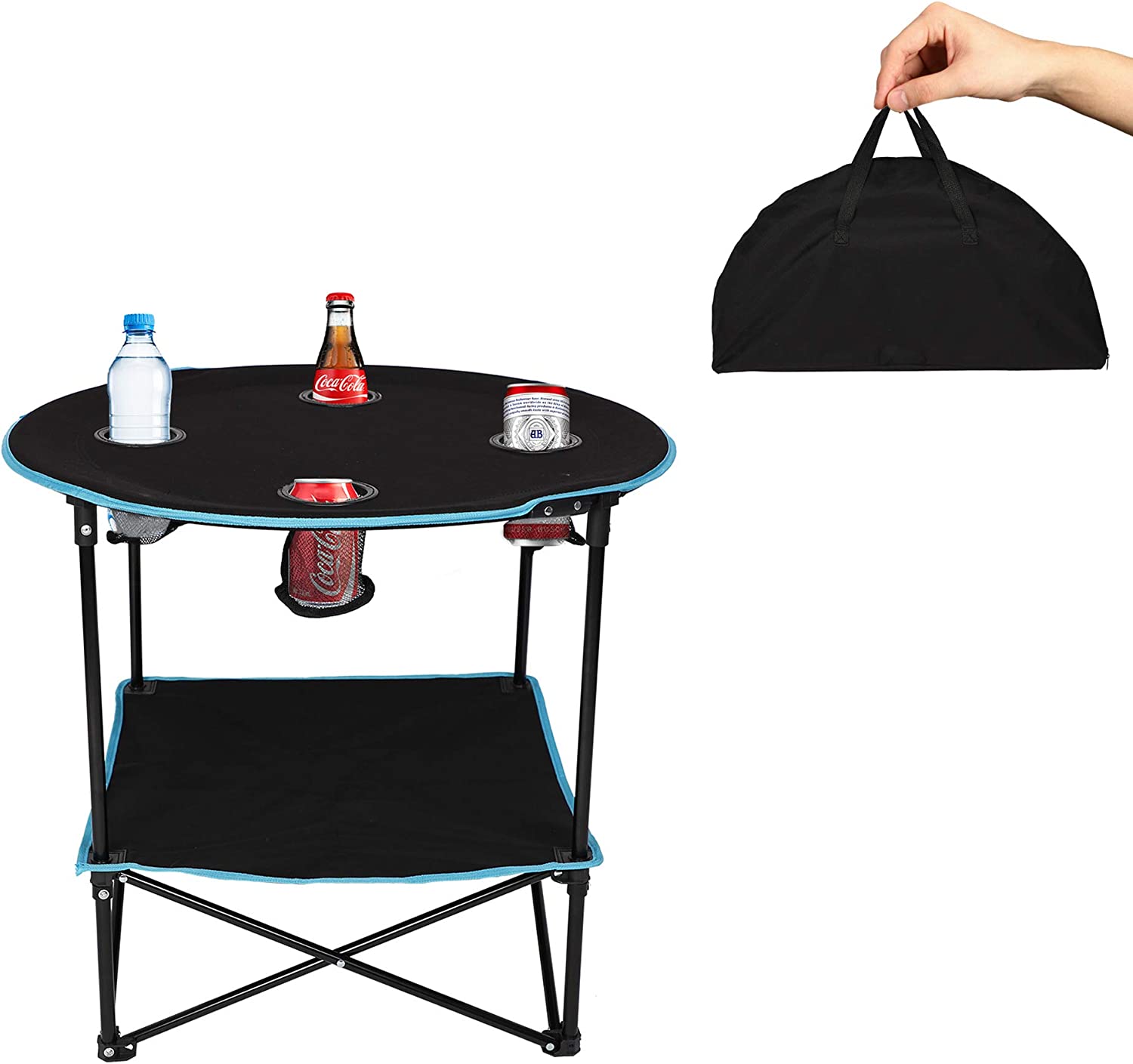 Folding Table, Travel Camping Picnic Collapsible Round Table with 4 Cup Holders and Carry Bag (Black & Blue) - Bosonshop