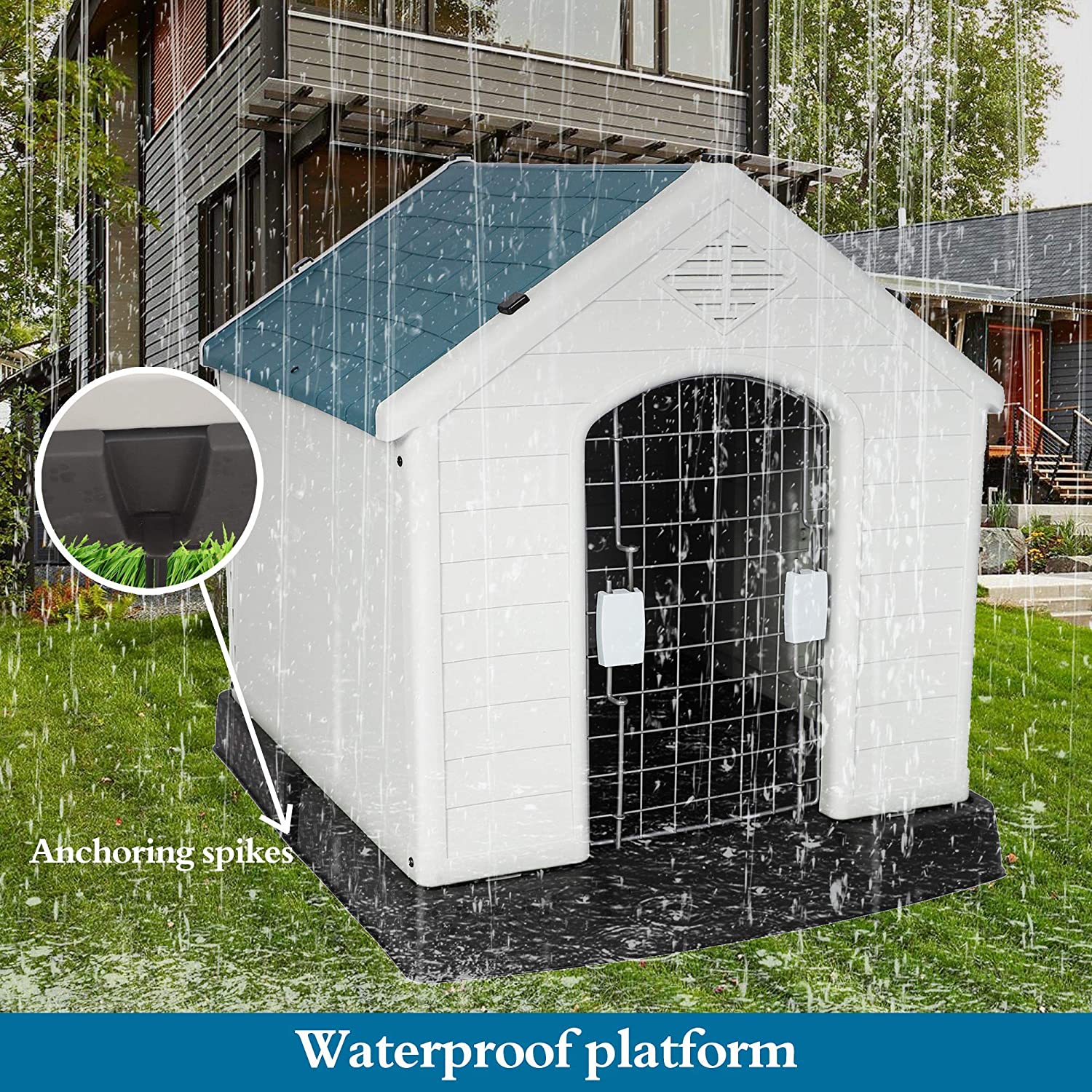 Plastic Outdoor Dog House with Door 24.8" Height Weatherproof Puppy Kennel Resistant Pet Crate with Elevated Floor Air Vents, Small - Bosonshop