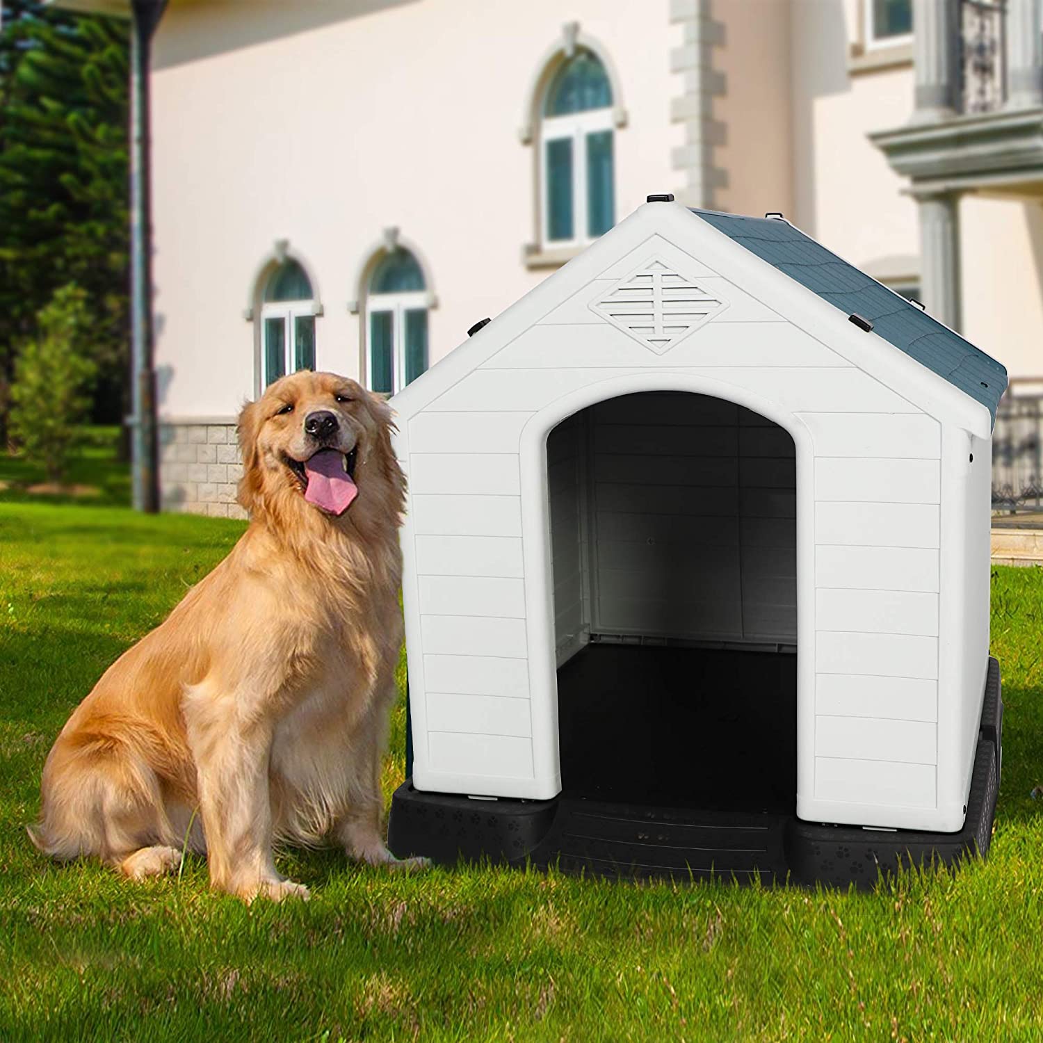 Dog House Outdoor Plastic 39" Height Weatherproof Kennel House with Elevated Floor - Bosonshop