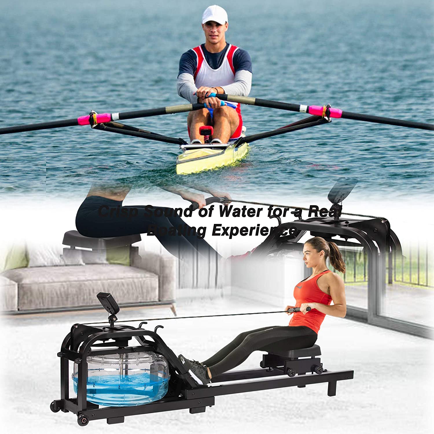 Home Water Rowing Machine with LCD Monitor - Supports up to 330 Lbs - Bosonshop