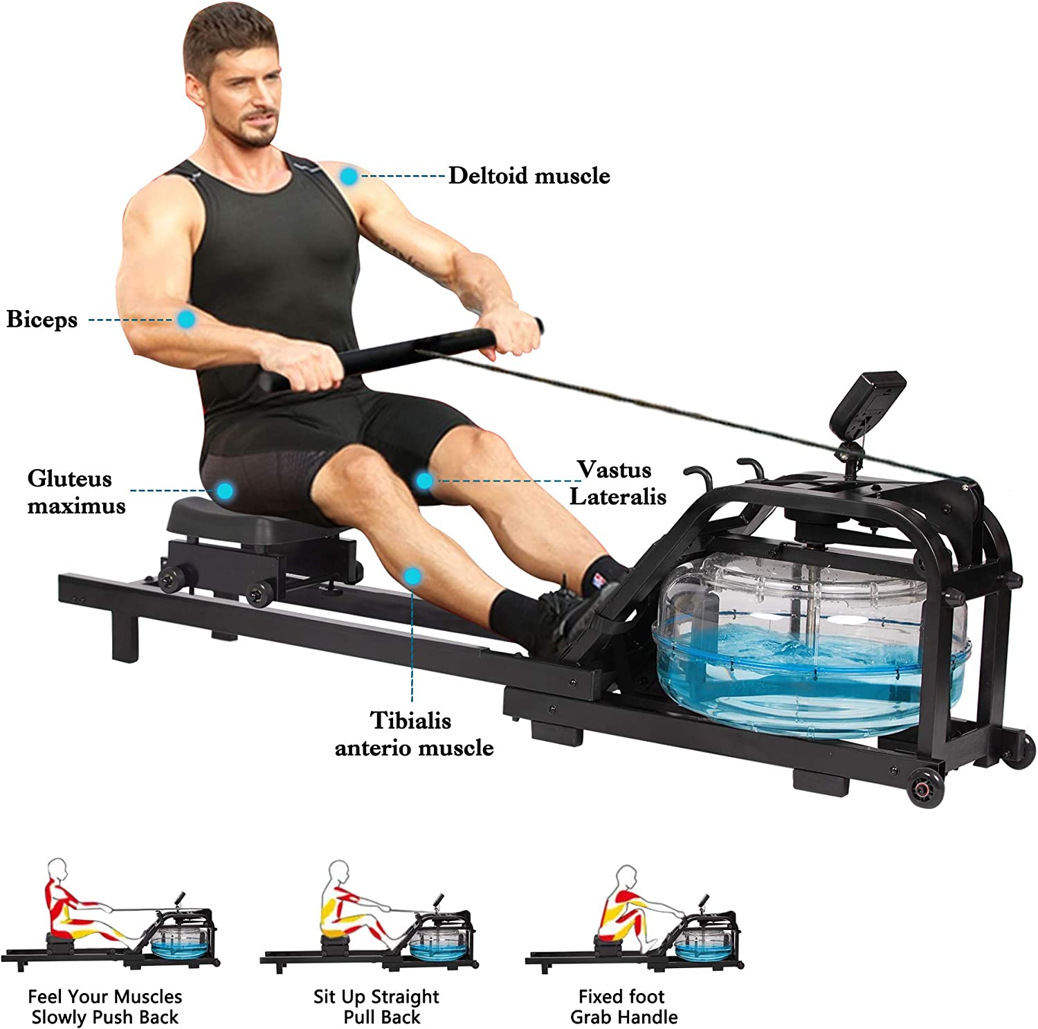 Home Water Rowing Machine with LCD Monitor - Supports up to 330 Lbs - Bosonshop