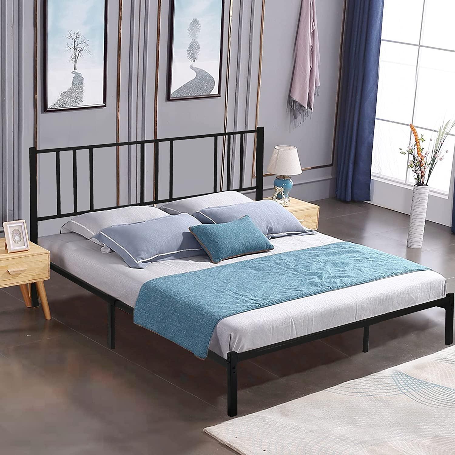 Queen Size Platform Bed w/ Headboard, Sturdy Frame w/ Metal Slat, Noise Free & Anti-Slip - Bosonshop