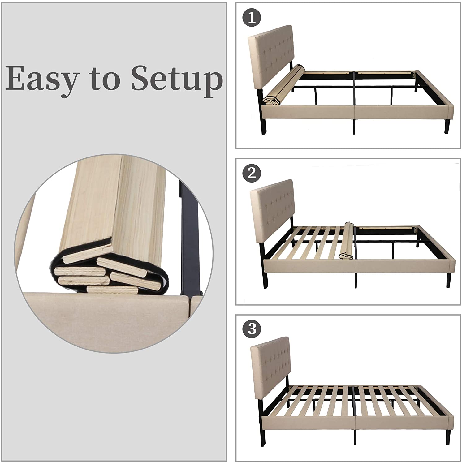 Queen Platform Bed, Fabric Upholstered Queen Bed Frame with Solid Wooden Slat Support and Headboard - Bosonshop