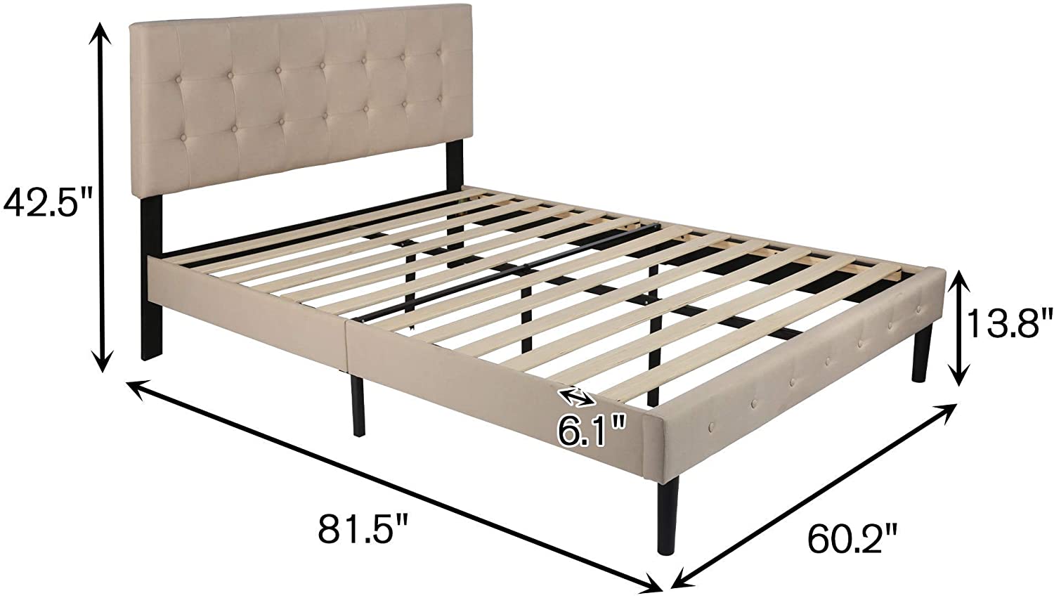 Queen Platform Bed, Fabric Upholstered Queen Bed Frame with Solid Wooden Slat Support and Headboard - Bosonshop