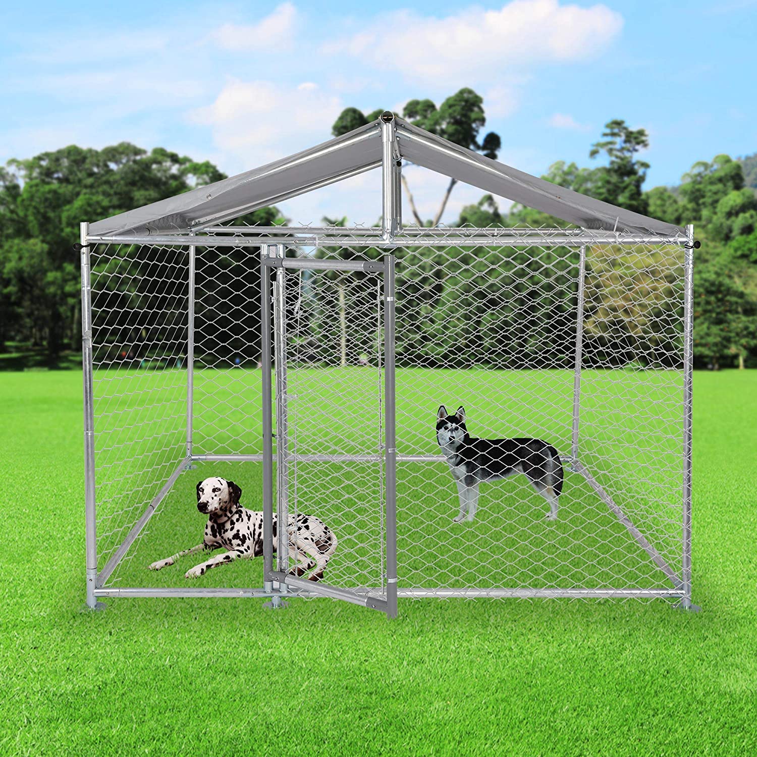 Outdoor Dog Kennel Galvanized Mesh Steel Dog Chain Link Fence Playpen with Cover 6.5x6.5x5ft - Bosonshop