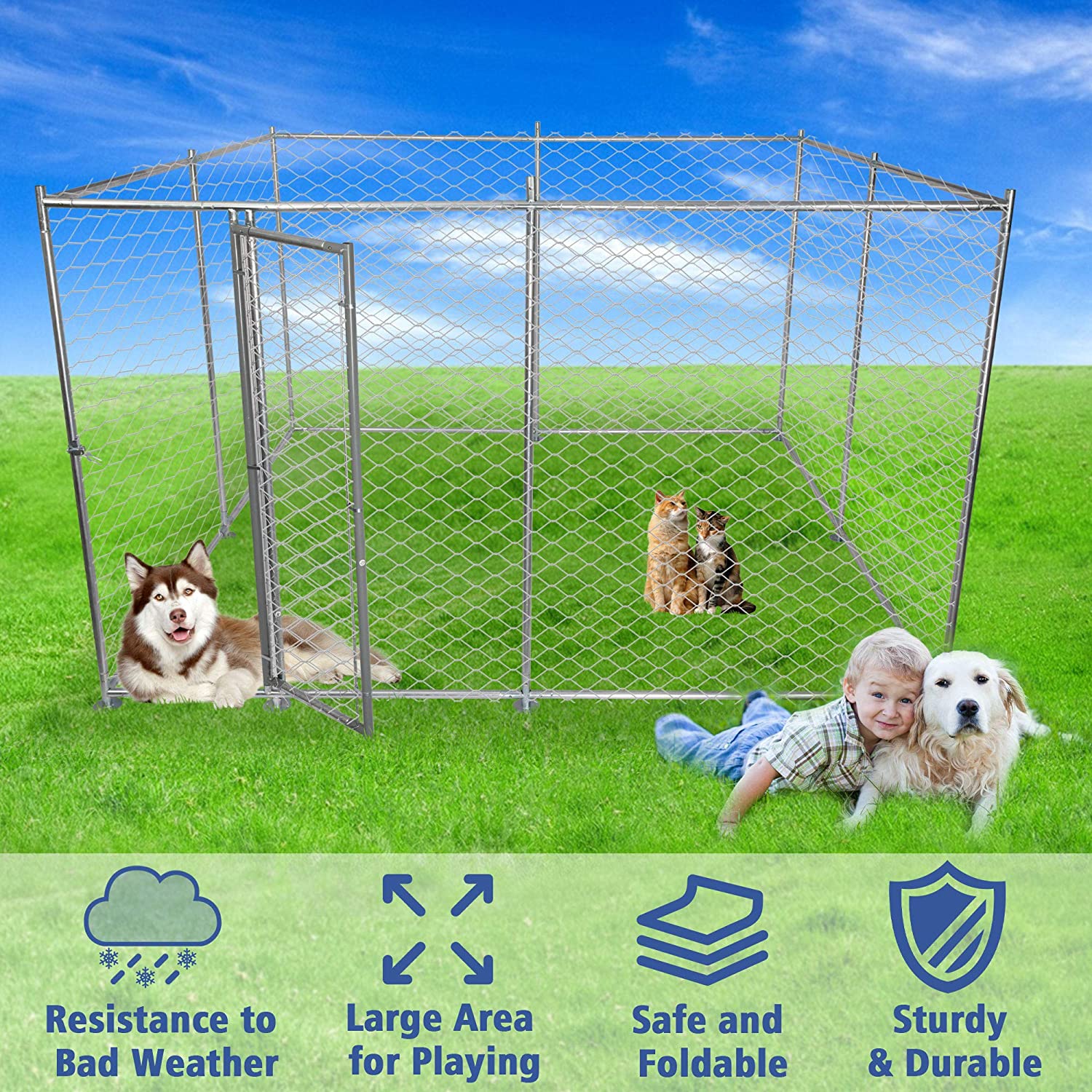 (Out of Stock) Outdoor Dog Playpen Heavy Duty Galvanized Mesh Steel Outdoor Big Dog House Kennel with Lock 9.8' x 9.8' x 5.9' - Bosonshop