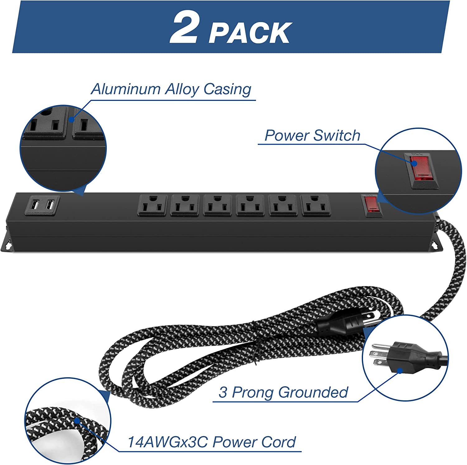 2 Pack Long Power Strip, 6 Metal Power Outlets 2 USB Ports, 6 ft Long Extension Cord with Hook & Loop, Black - Bosonshop