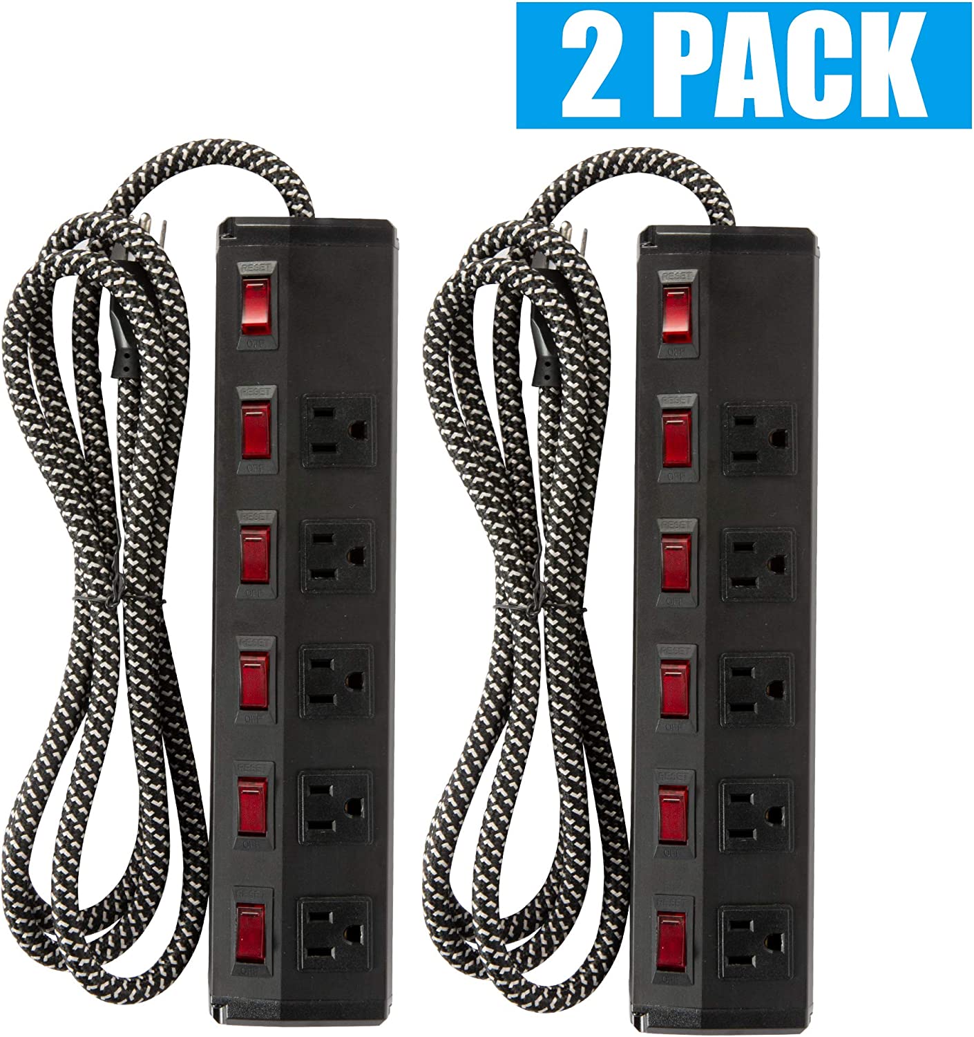 2 Pack Long Power Strip Surge Protector, 6 Metal Power Outlets 2 USB Ports, 6 ft Long Extension Cord - Bosonshop