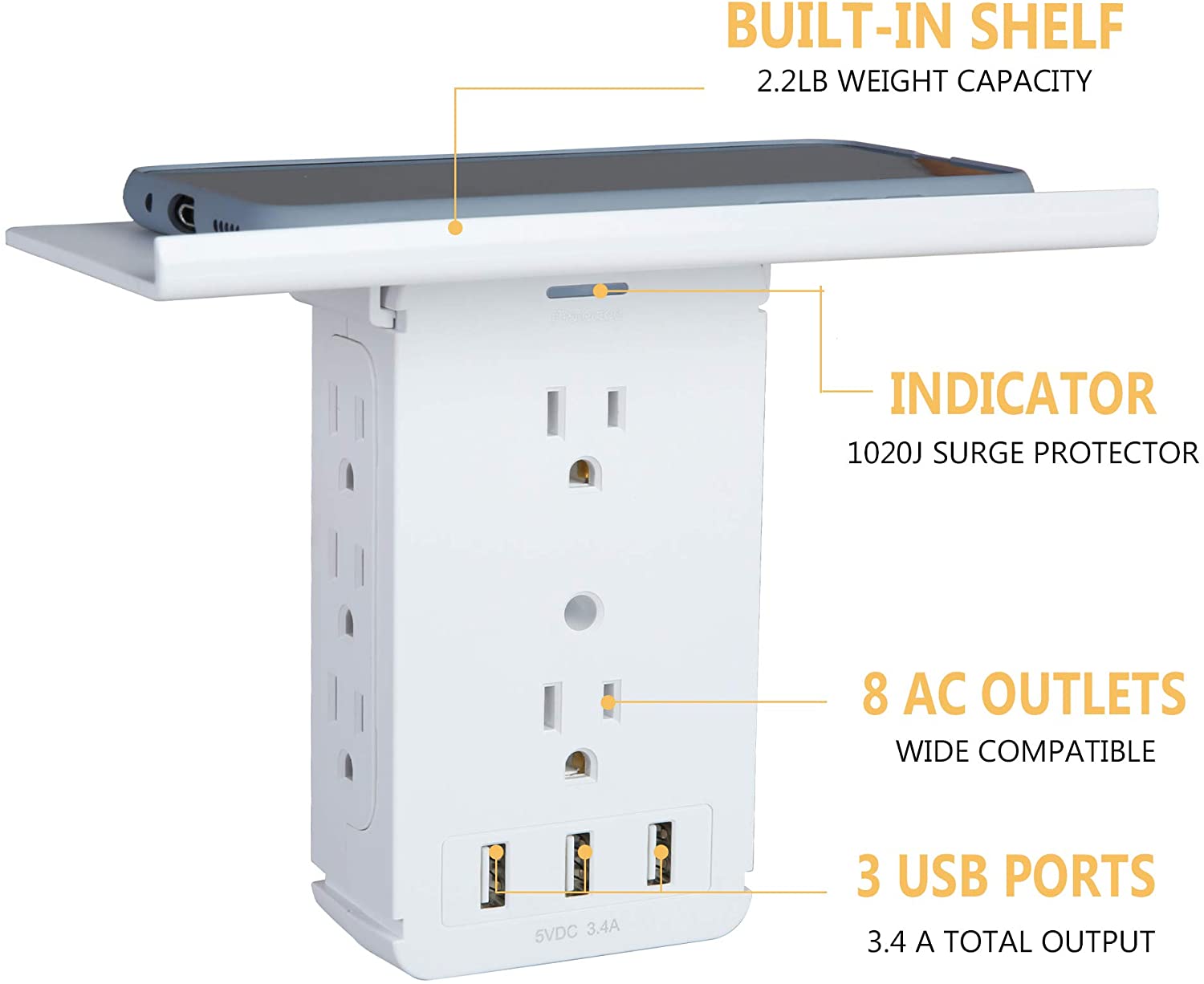 Wall Outlet Extender-2 Pack Surge Protector Multifunctional Outlet Wall Plug with 3 USB Ports(3.4A Total), 8 AC Outlets, Removable Outlet Shelf - Bosonshop