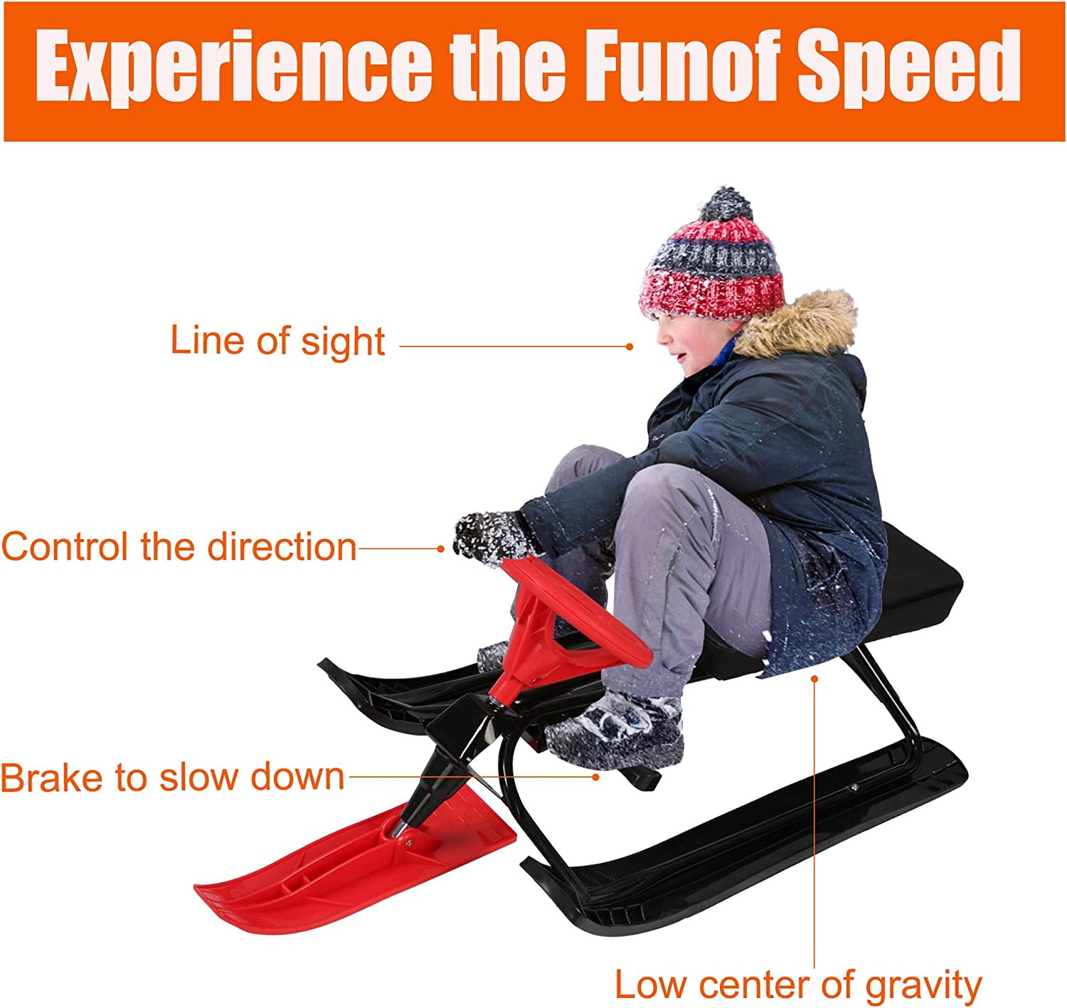 Snow Racer Sled, Ski Sled Snowboard with Steering Wheel & Twin Brakes for Downhill and Uphill - Bosonshop