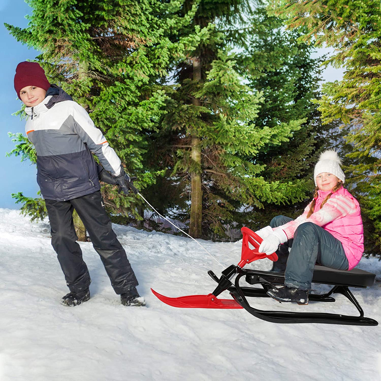 Snow Racer Sled, Ski Sled Snowboard with Steering Wheel & Twin Brakes for Downhill and Uphill - Bosonshop