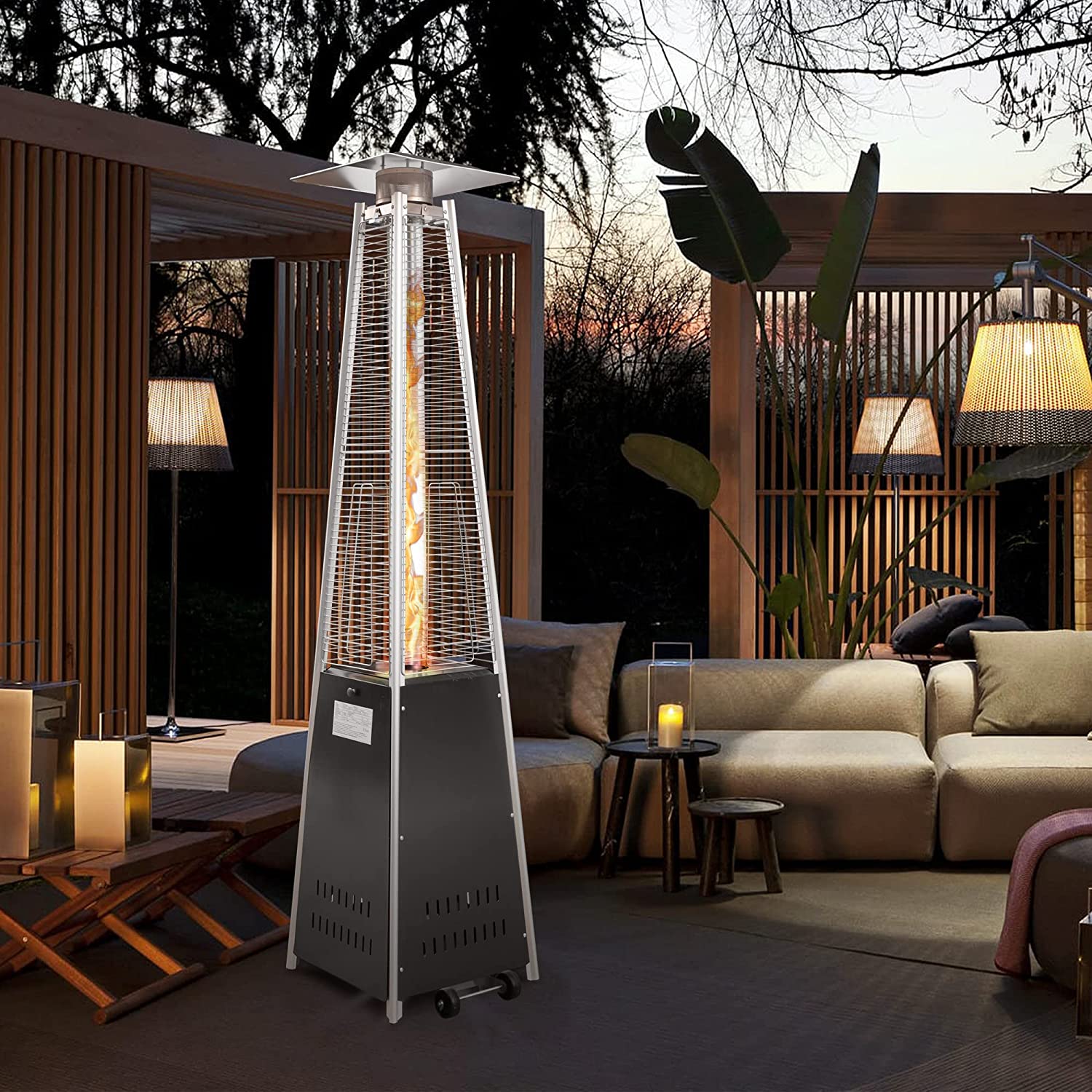 42000 BTU Pyramid Patio LP Propane Heater with Wheels, 87 Inch Hammered Bronze Tower Heater, CE & ETL Certified - Bosonshop