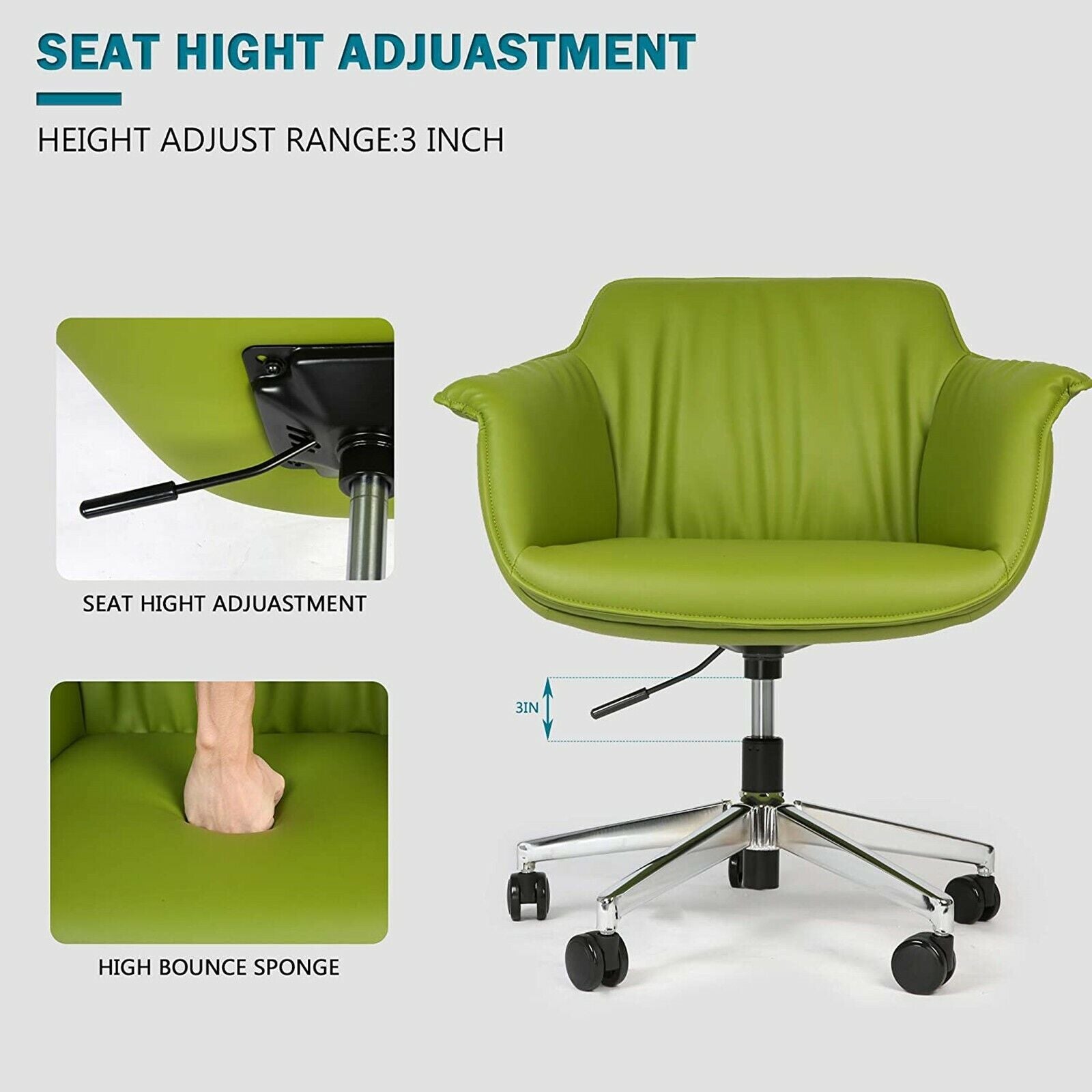 Low Back Swivel Chair for Desk With Adjustable Height Handle Office Armchair PU Leather Ergonomic Desk Chair, Green - Bosonshop