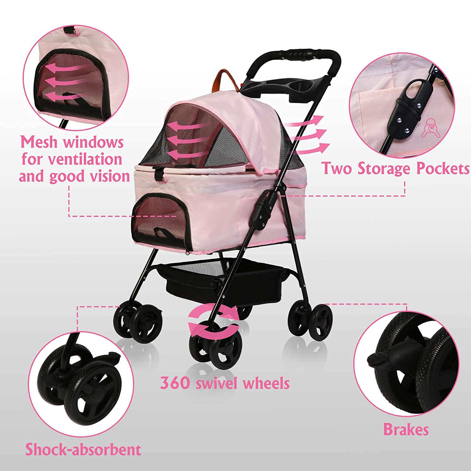 Foldable Pet Stroller with Detachable Carrier & Cup Holder for Small Dog/Cat, Pink - Bosonshop