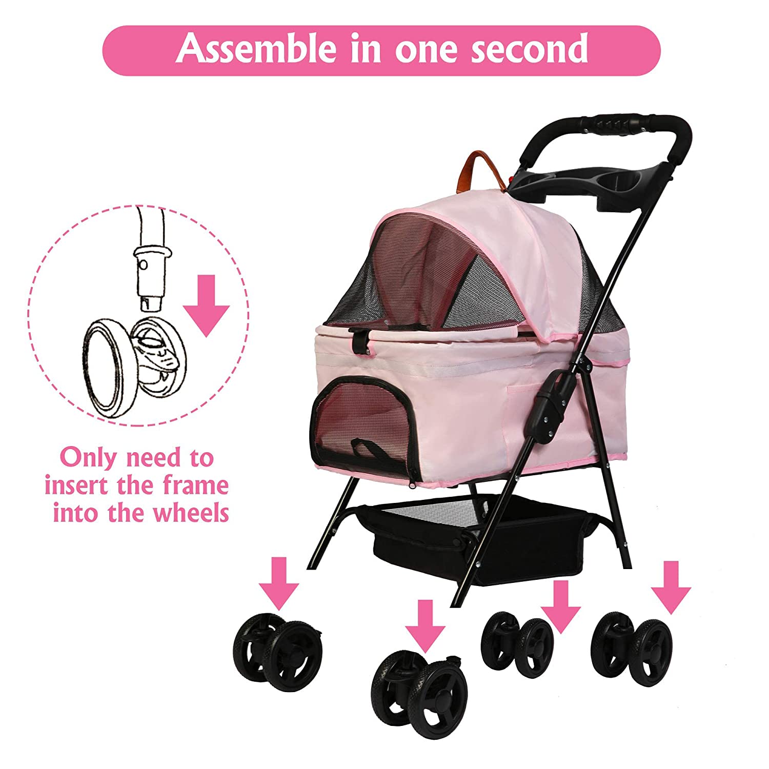 Foldable Pet Stroller with Detachable Carrier & Cup Holder for Small Dog/Cat, Pink - Bosonshop