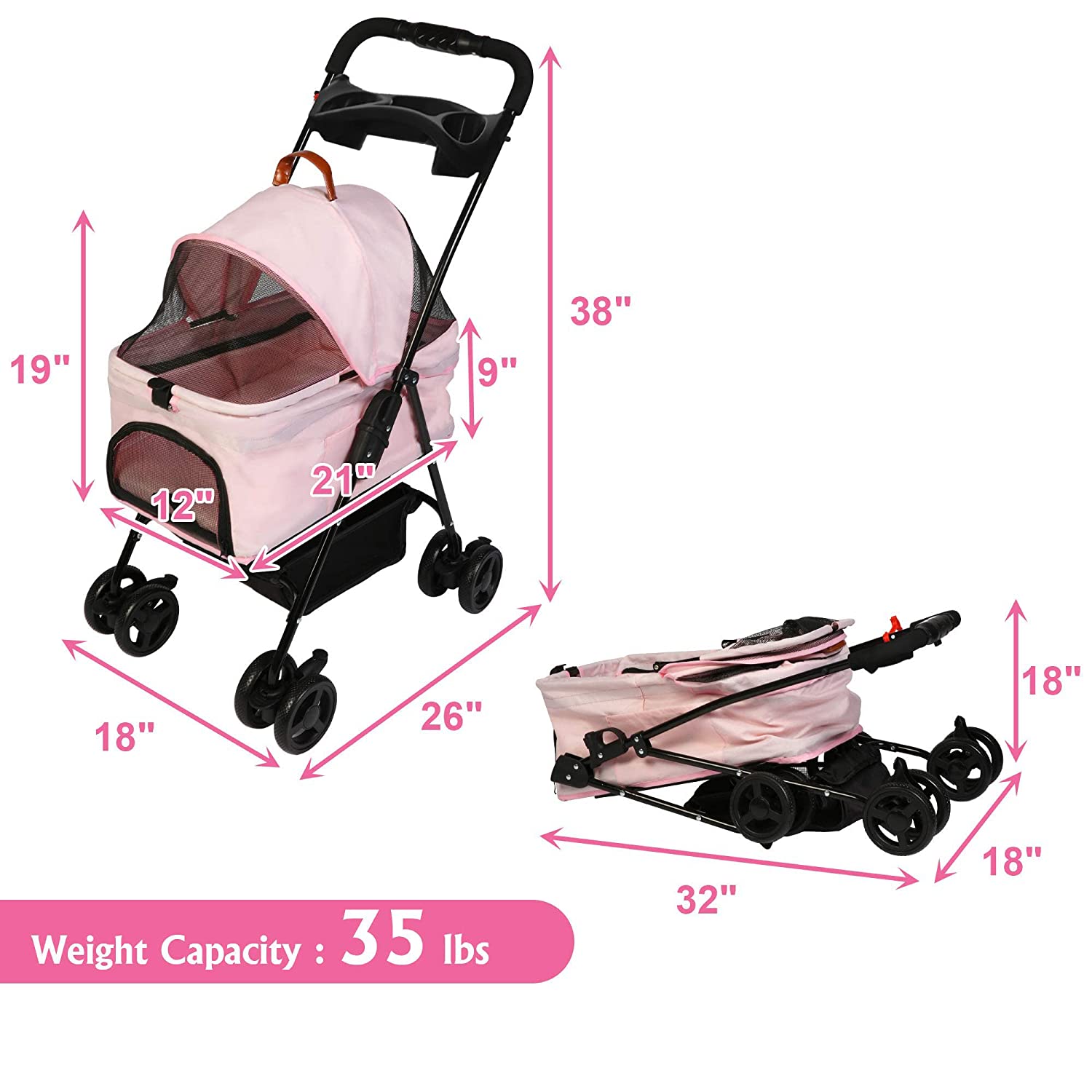 Foldable Pet Stroller with Detachable Carrier & Cup Holder for Small Dog/Cat, Pink - Bosonshop