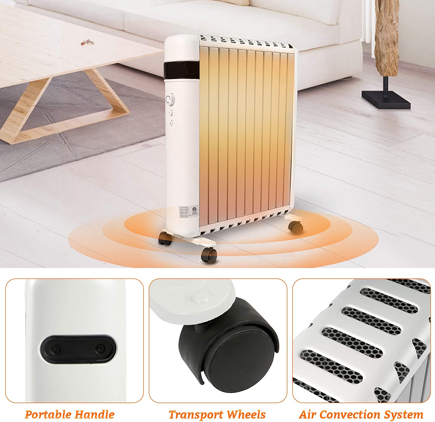 Electric Space Heater 1500W Panel Convector Heater with Wheels for Indoor Use Room Sizes up to 215ft. - Bosonshop