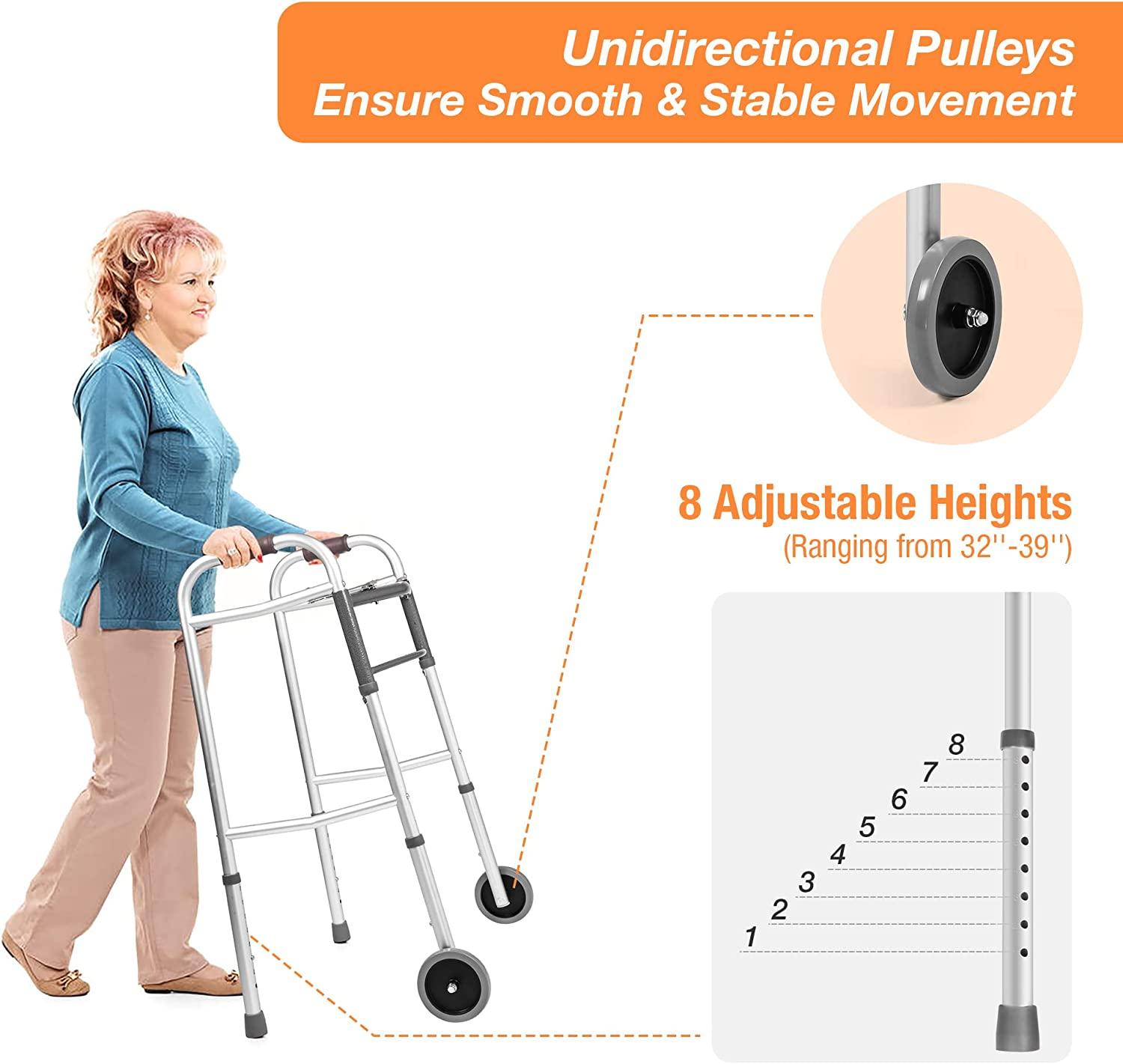 Lightweight Aluminum Alloy Folding Walker with 5" Wheels, 8-Level Height Adjustable Supports up to 300lbs - Bosonshop