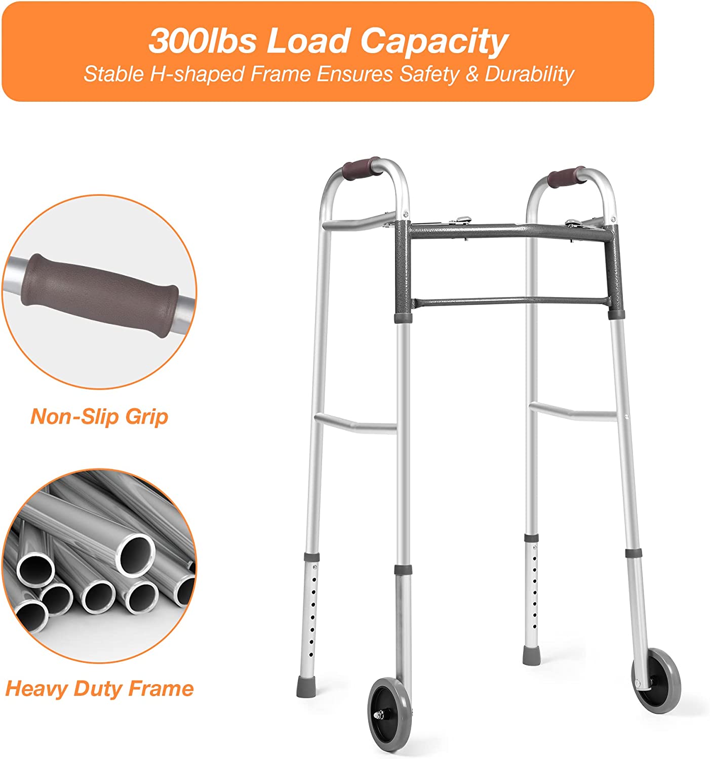 Lightweight Aluminum Alloy Folding Walker with 5" Wheels, 8-Level Height Adjustable Supports up to 300lbs - Bosonshop