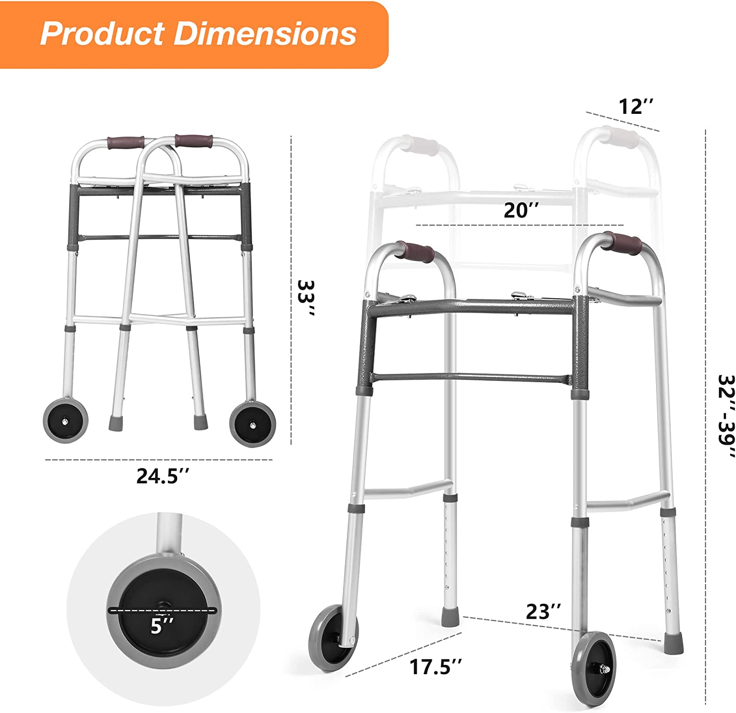 Lightweight Aluminum Alloy Folding Walker with 5" Wheels, 8-Level Height Adjustable Supports up to 300lbs - Bosonshop