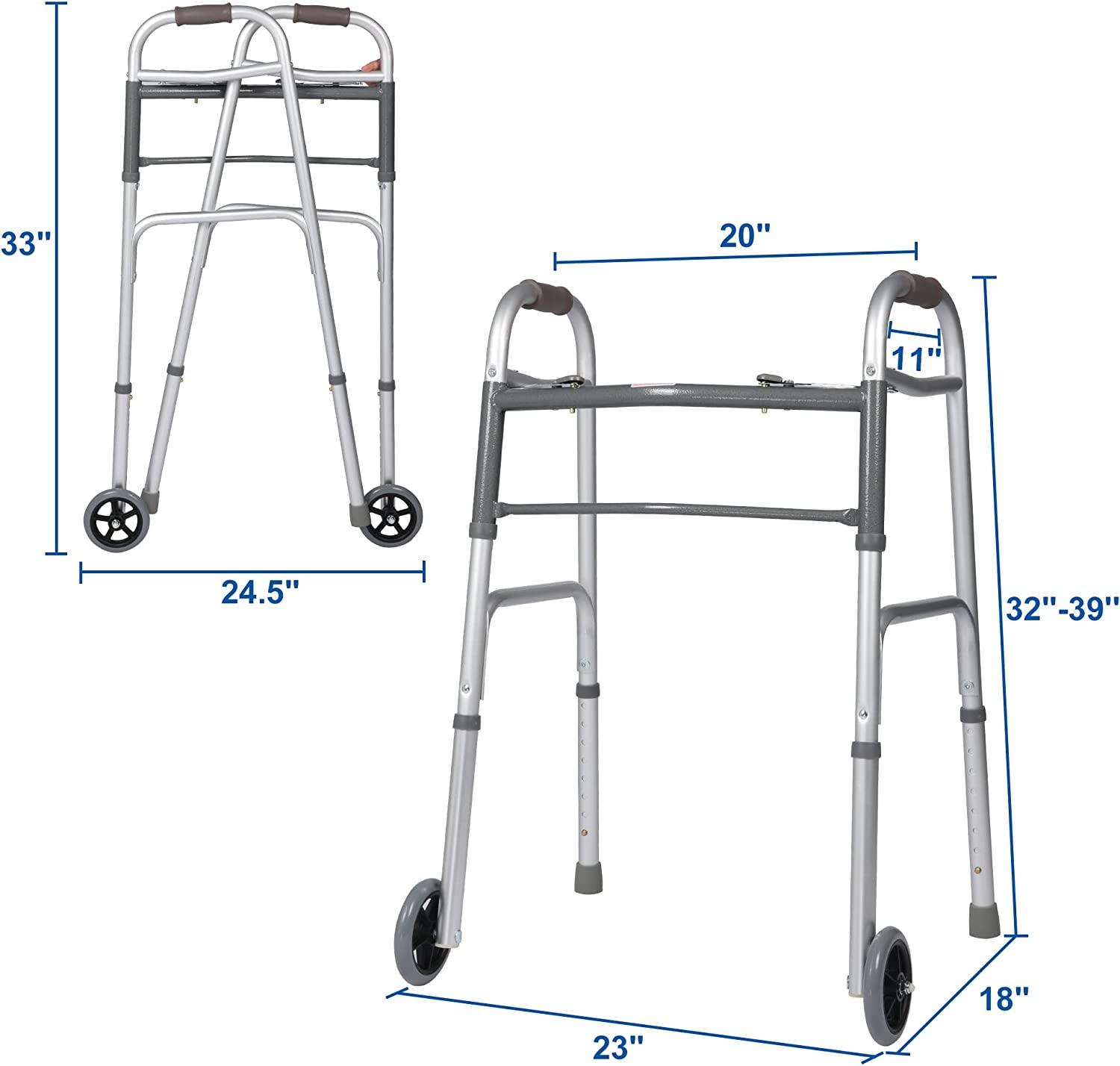 Versatile 32"-39" Adjustable Foldable Walker with 5" Wheels & Folding Button, Supports up to 300 lbs - Bosonshop