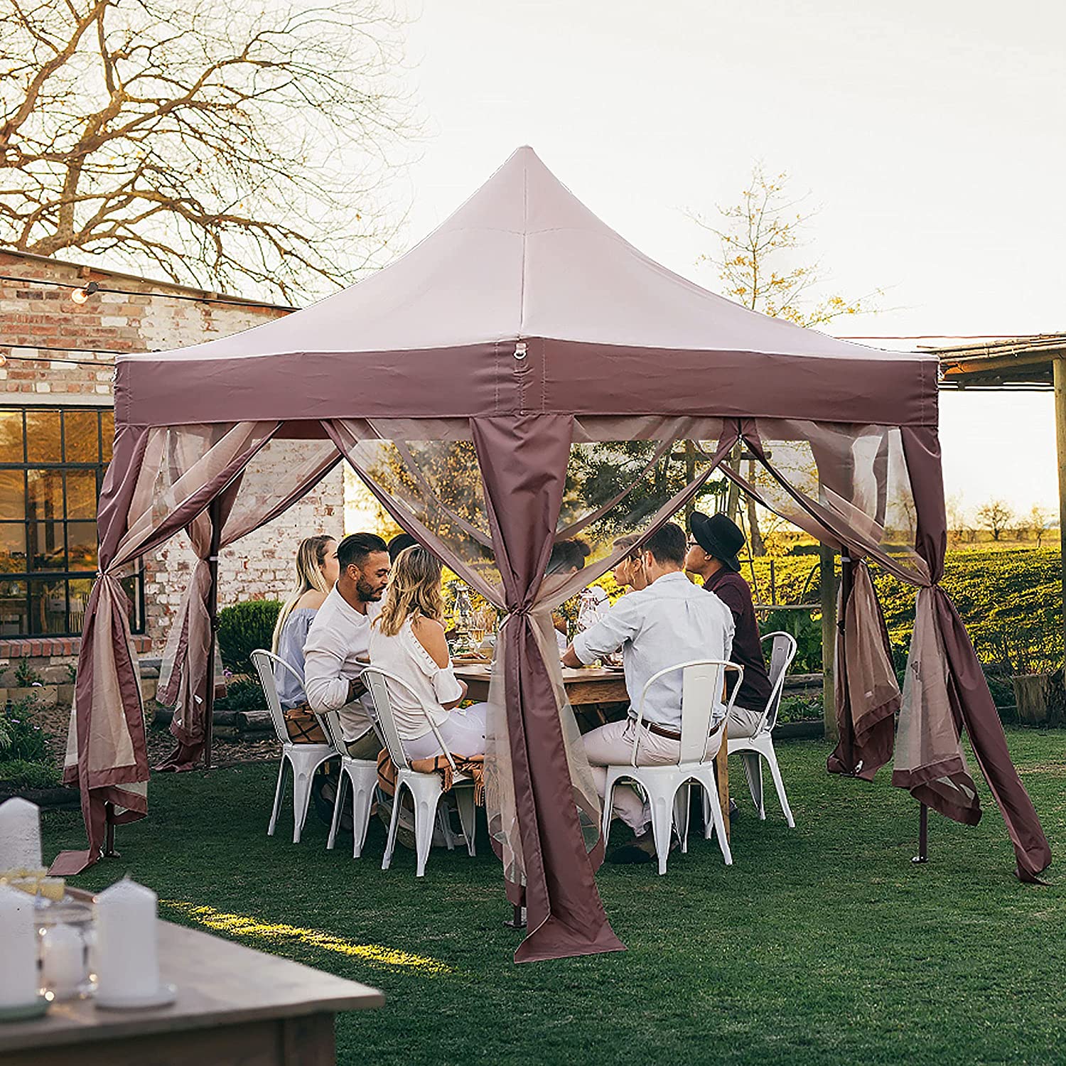 12' X 12' Gazebo with Mosquito Netting Outdoor Hexagonal Pop up Canopy Tent with Strong Iron Frame Storage Bag - Bosonshop