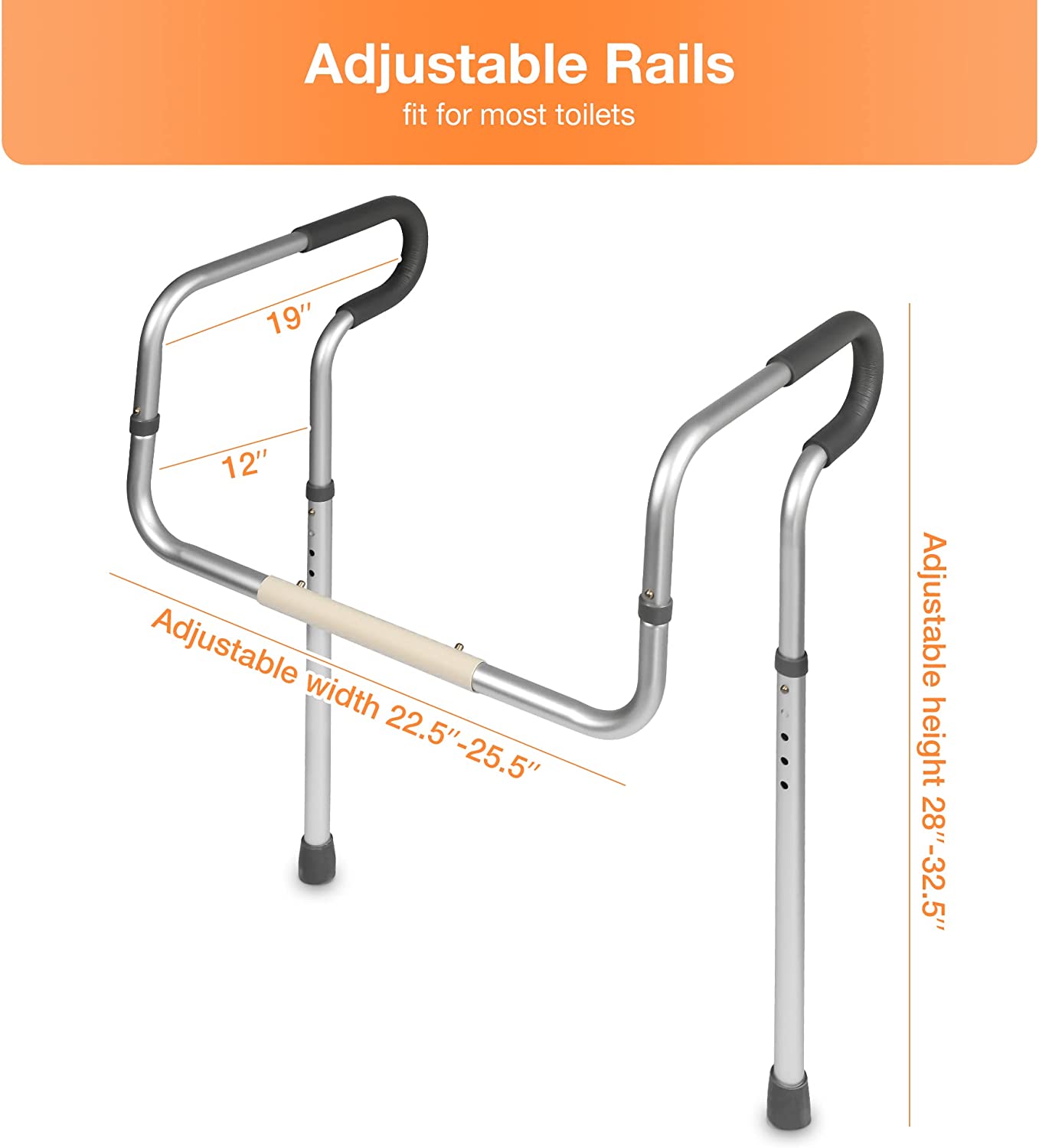 Aluminum Safety Toilet Rail - Handrail Toilet Bars with Adjustable Height - Bosonshop