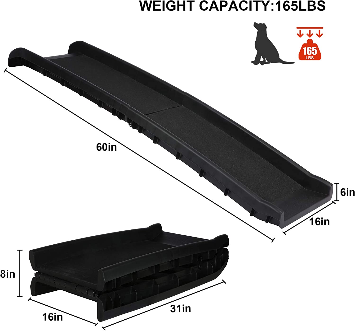 Portable Plastic Dog Car Ramp w/ 2pcs Non-slip Tread, 60"L x 16" W Folding Travel Pet Safety Ramp - Bosonshop