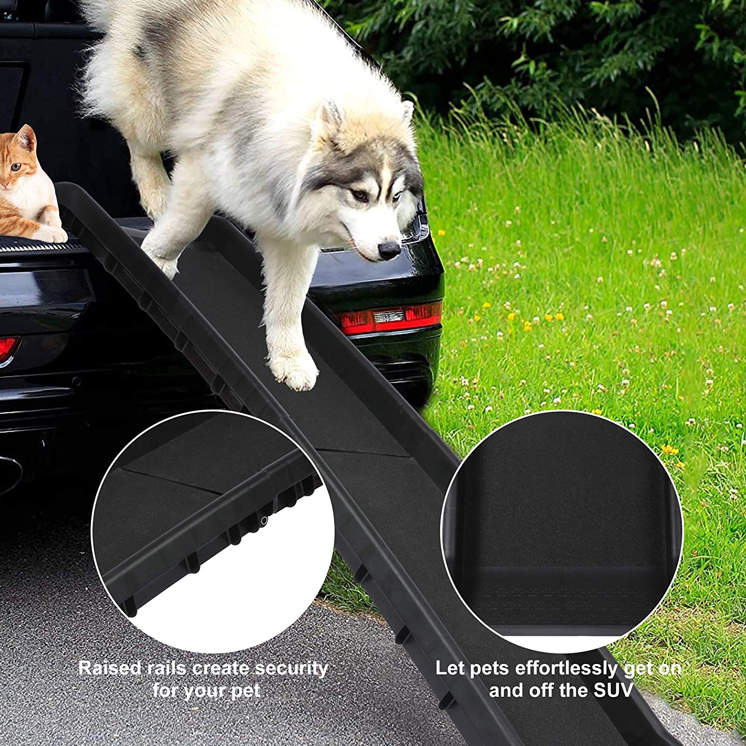 Portable Plastic Dog Car Ramp w/ 2pcs Non-slip Tread, 60"L x 16" W Folding Travel Pet Safety Ramp - Bosonshop