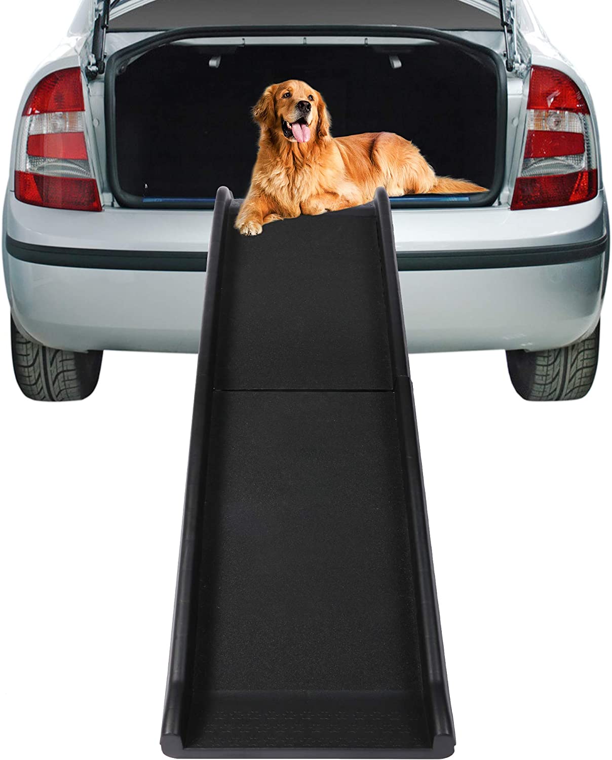 Portable Plastic Dog Car Ramp w/ 2pcs Non-slip Tread, 60"L x 16" W Folding Travel Pet Safety Ramp - Bosonshop