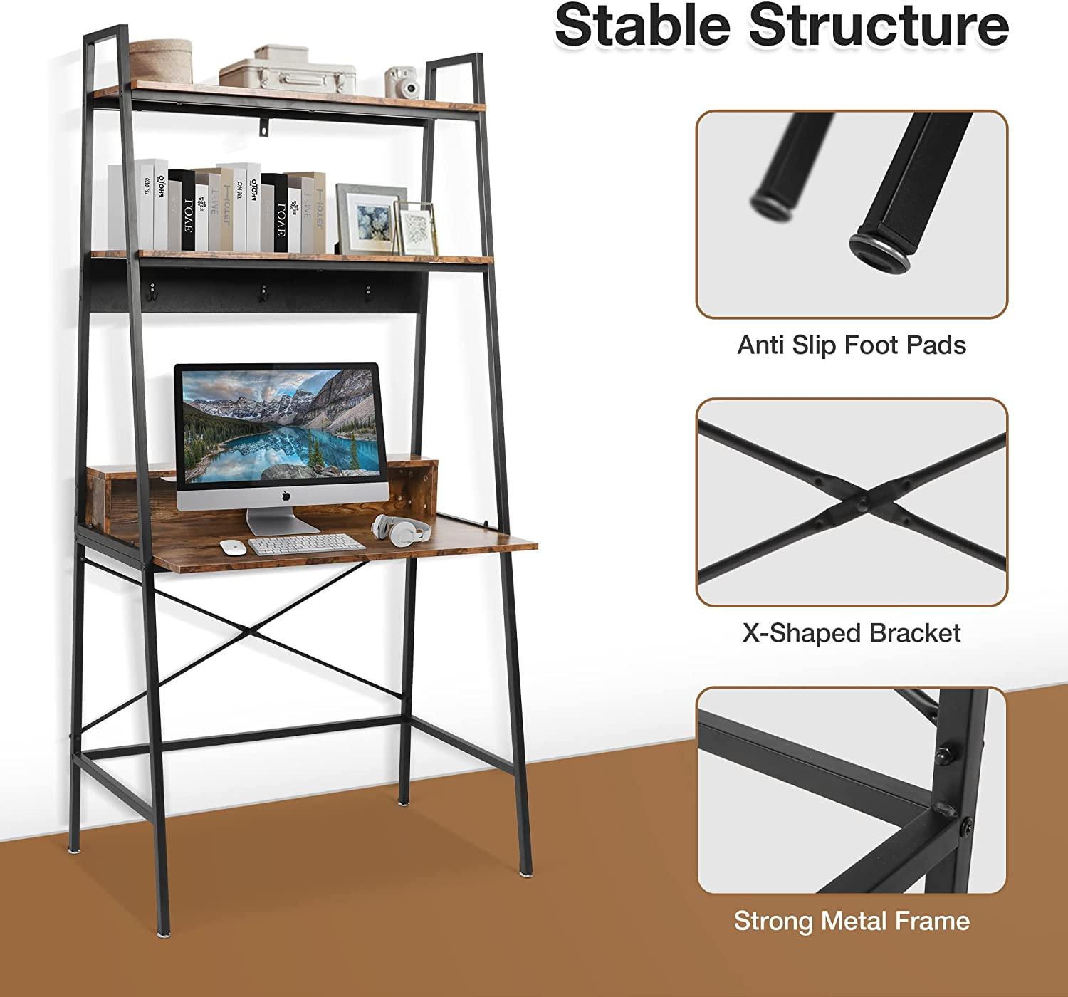 Computer Desk with Bookshelves 35.8" Office Desk Study Writing Gaming Table with Storage Shelf and 3 Hooks, Rustic Brown - Bosonshop