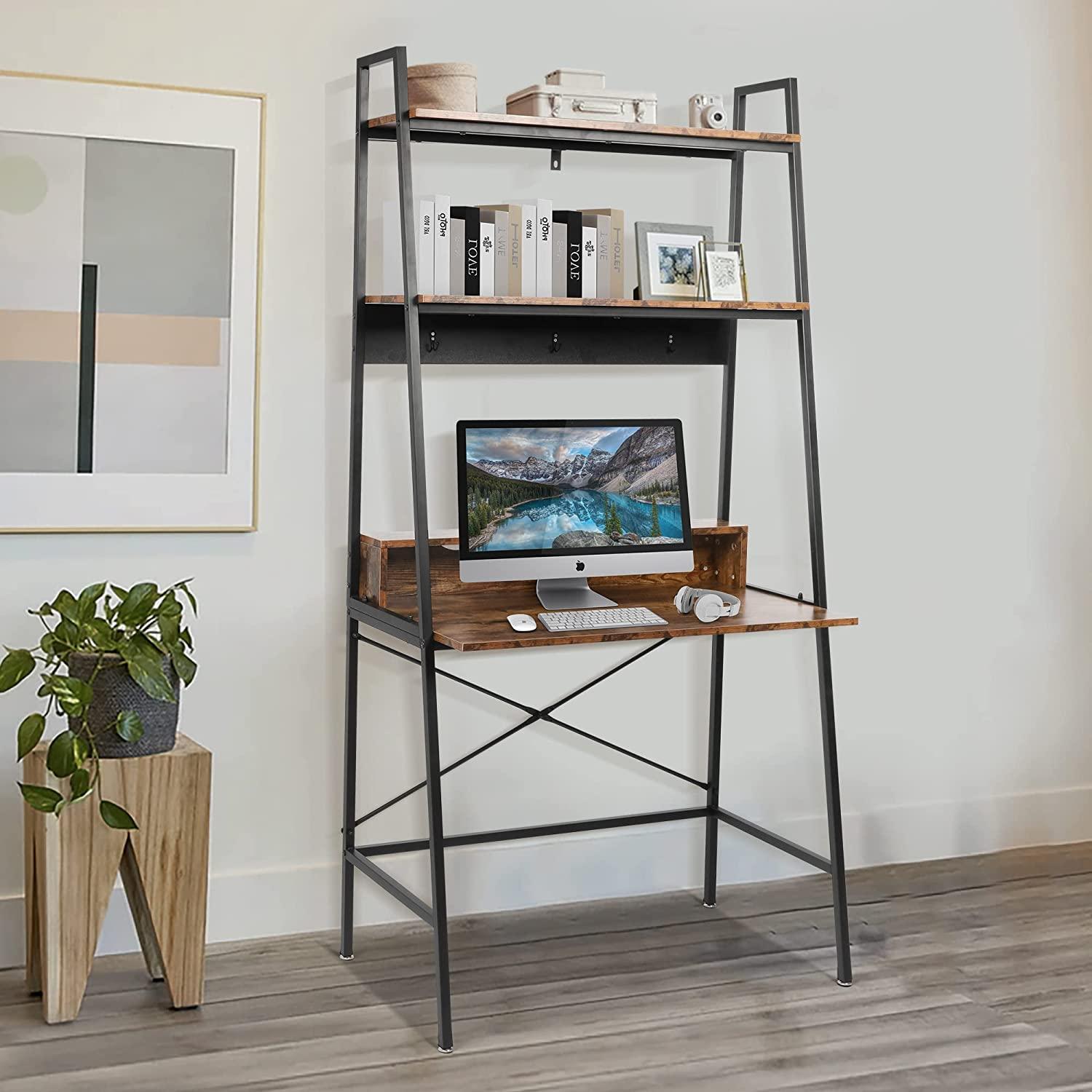 Computer Desk with Bookshelves 35.8" Office Desk Study Writing Gaming Table with Storage Shelf and 3 Hooks, Rustic Brown - Bosonshop