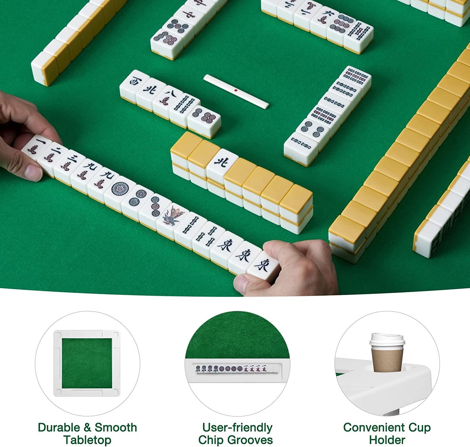 Folding Mahjong Table 35.4" Foldable Square 4 Player Card Poker Table with Cup Holders & Chip Trays for Playing Mahjong - Bosonshop