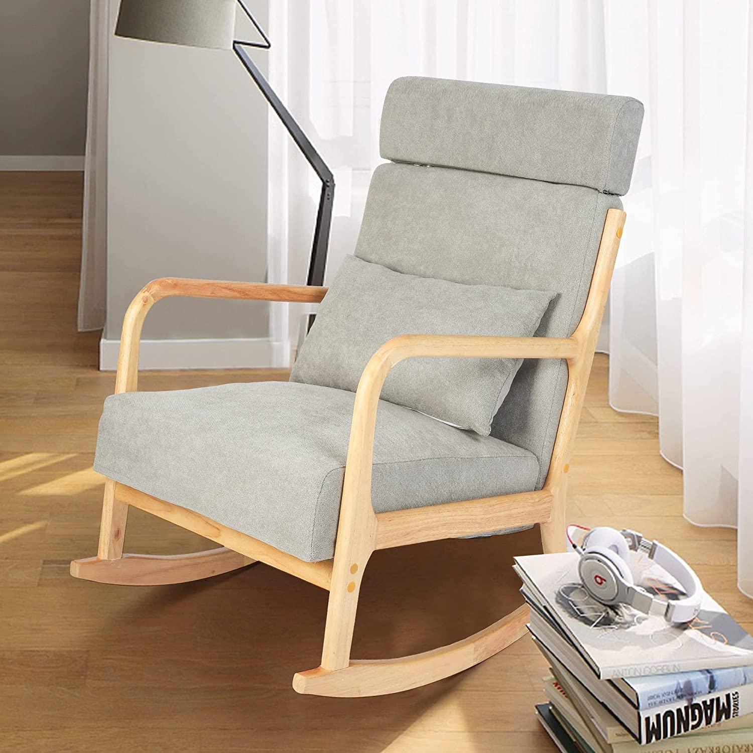 Upholstered Rocking Chair Modern High Back Armchair Single Sofa with Pillow, Grey - Bosonshop