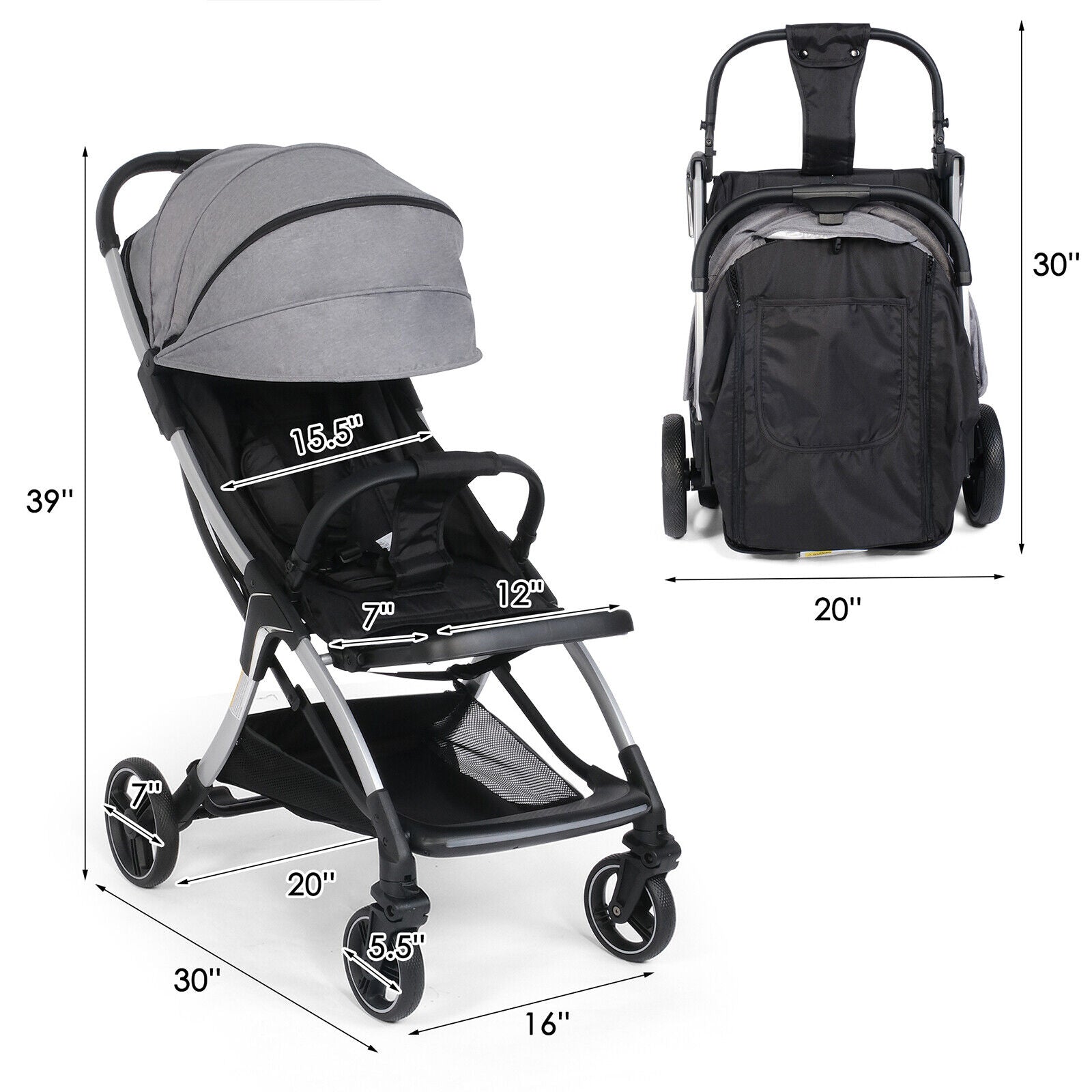 (Out of Stock) Lightweight Baby Stroller w/ Adjustable Canopy & Reclining Seat, One-Hand Quick Folding Stroller - Bosonshop