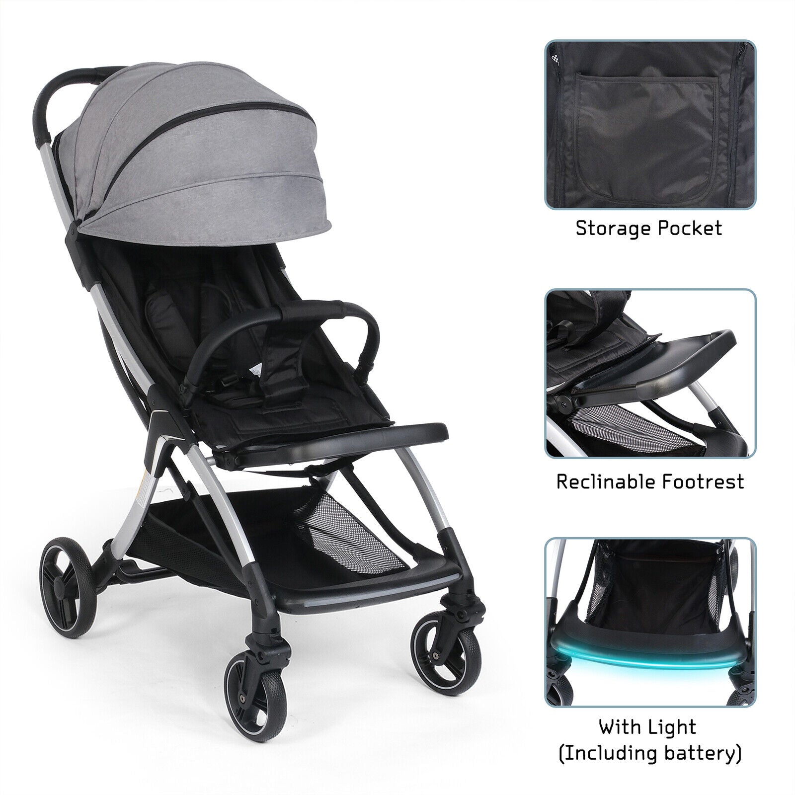 (Out of Stock) Lightweight Baby Stroller w/ Adjustable Canopy & Reclining Seat, One-Hand Quick Folding Stroller - Bosonshop