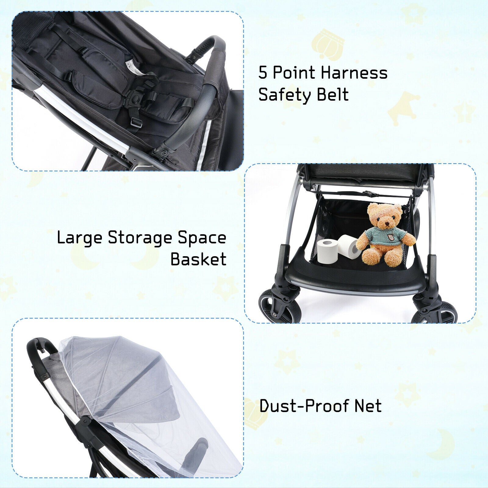 (Out of Stock) Lightweight Baby Stroller w/ Adjustable Canopy & Reclining Seat, One-Hand Quick Folding Stroller - Bosonshop