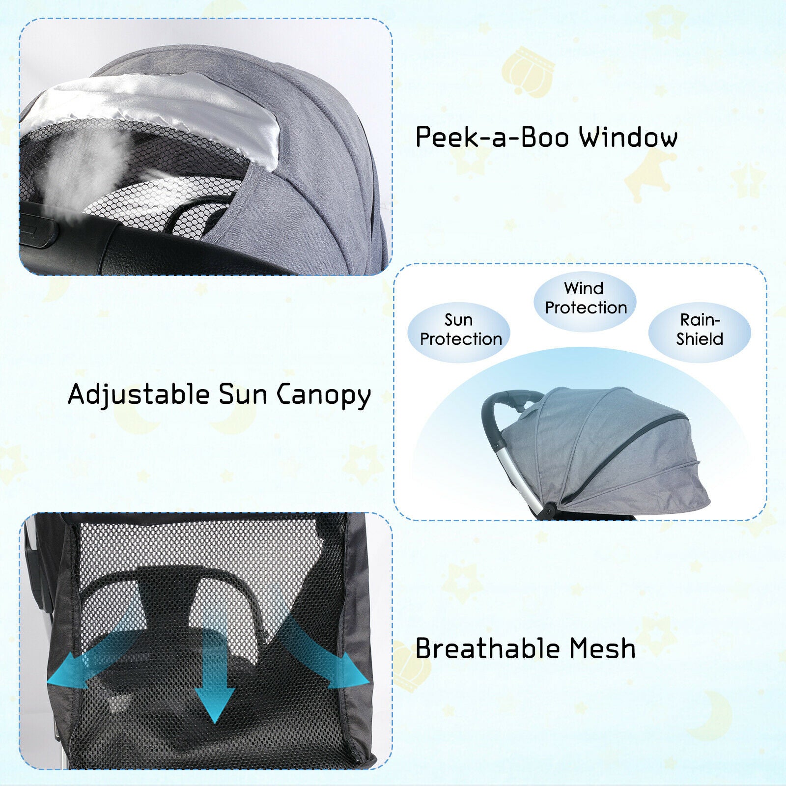 (Out of Stock) Lightweight Baby Stroller w/ Adjustable Canopy & Reclining Seat, One-Hand Quick Folding Stroller - Bosonshop