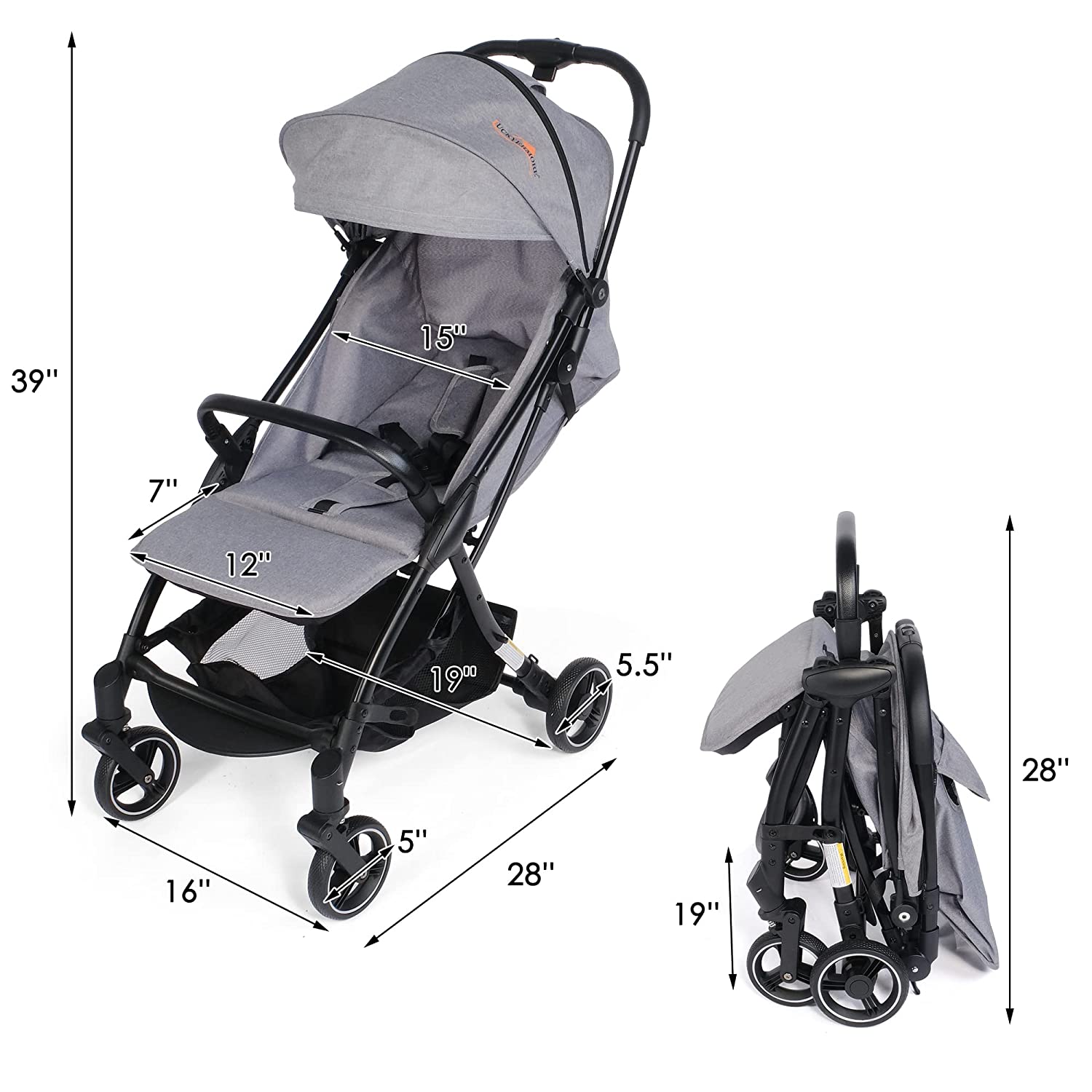 (Out of Stock) Compact Travel Baby Stroller for Airplane, One-Hand Fold Lightweight Stroller w/ Adjustable Backrest and Canopy - Bosonshop