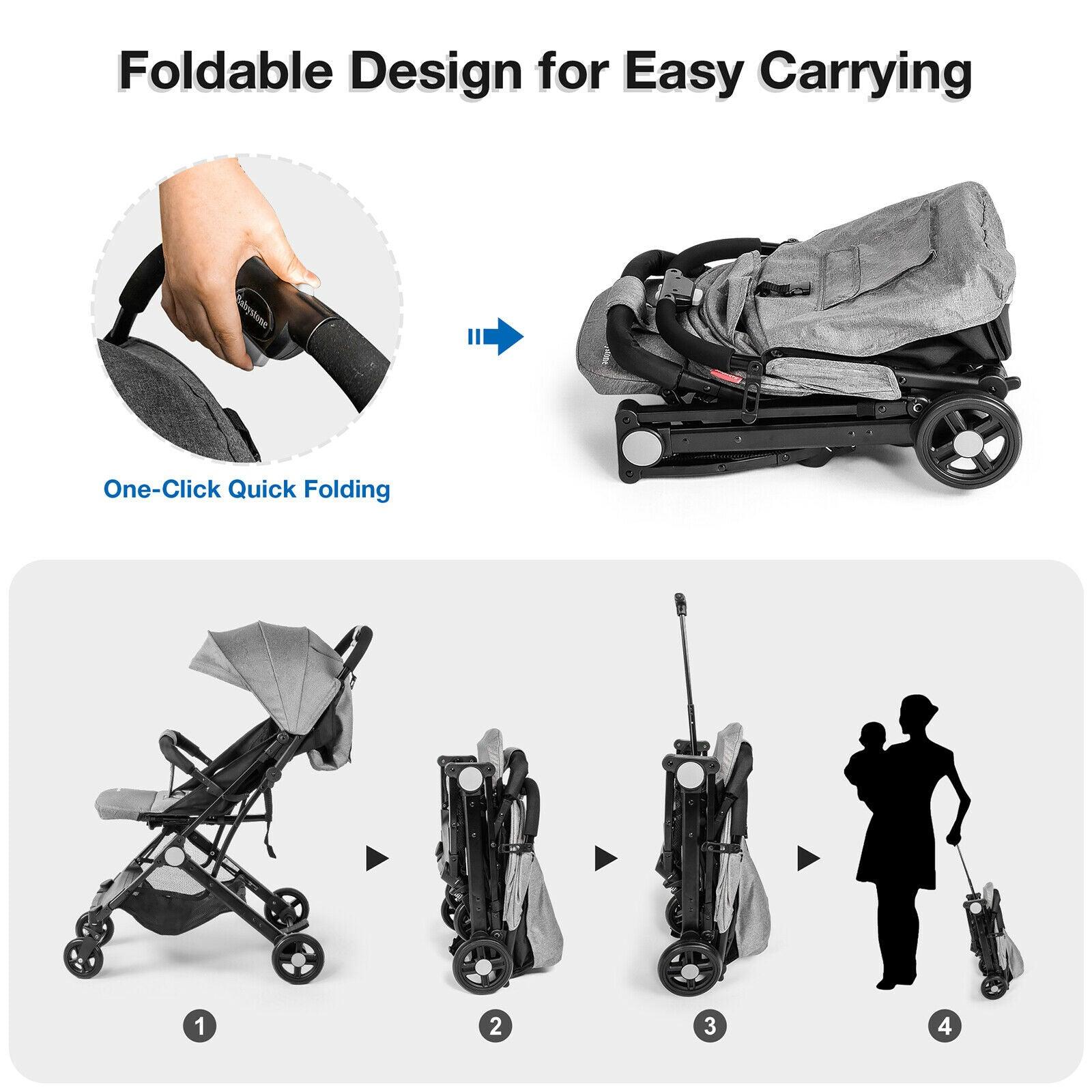 Foldable Compact Airplane Travel Strollers Lightweight Baby Stroller with One-Hand Fold Pushchair Adjustable Canopy and Backrest - Bosonshop