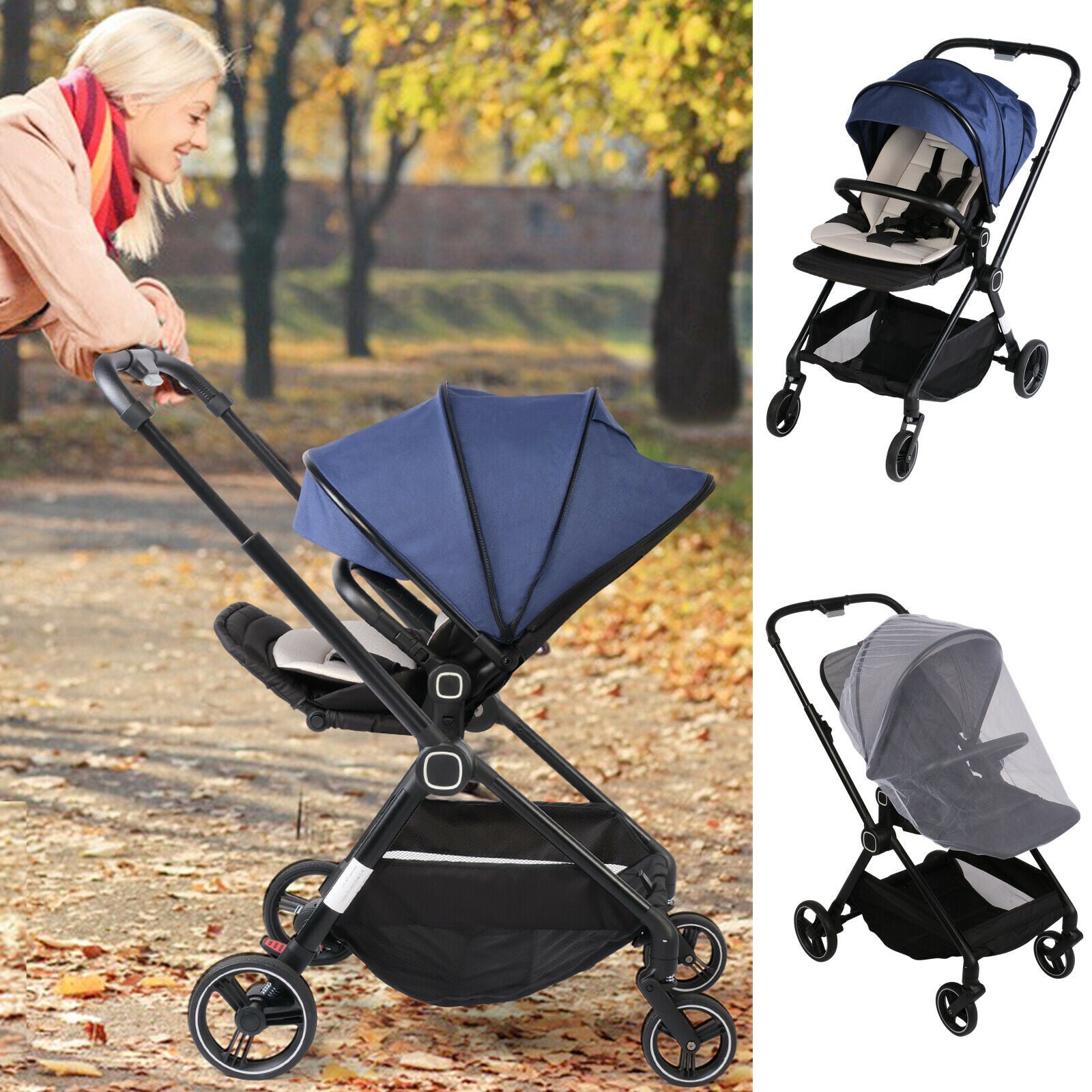 Foldable Compact Travel Strollers 5-Point Harness Infant Stroller w/ Reversible Handle, Adjustable Canopy & Backrest - Bosonshop