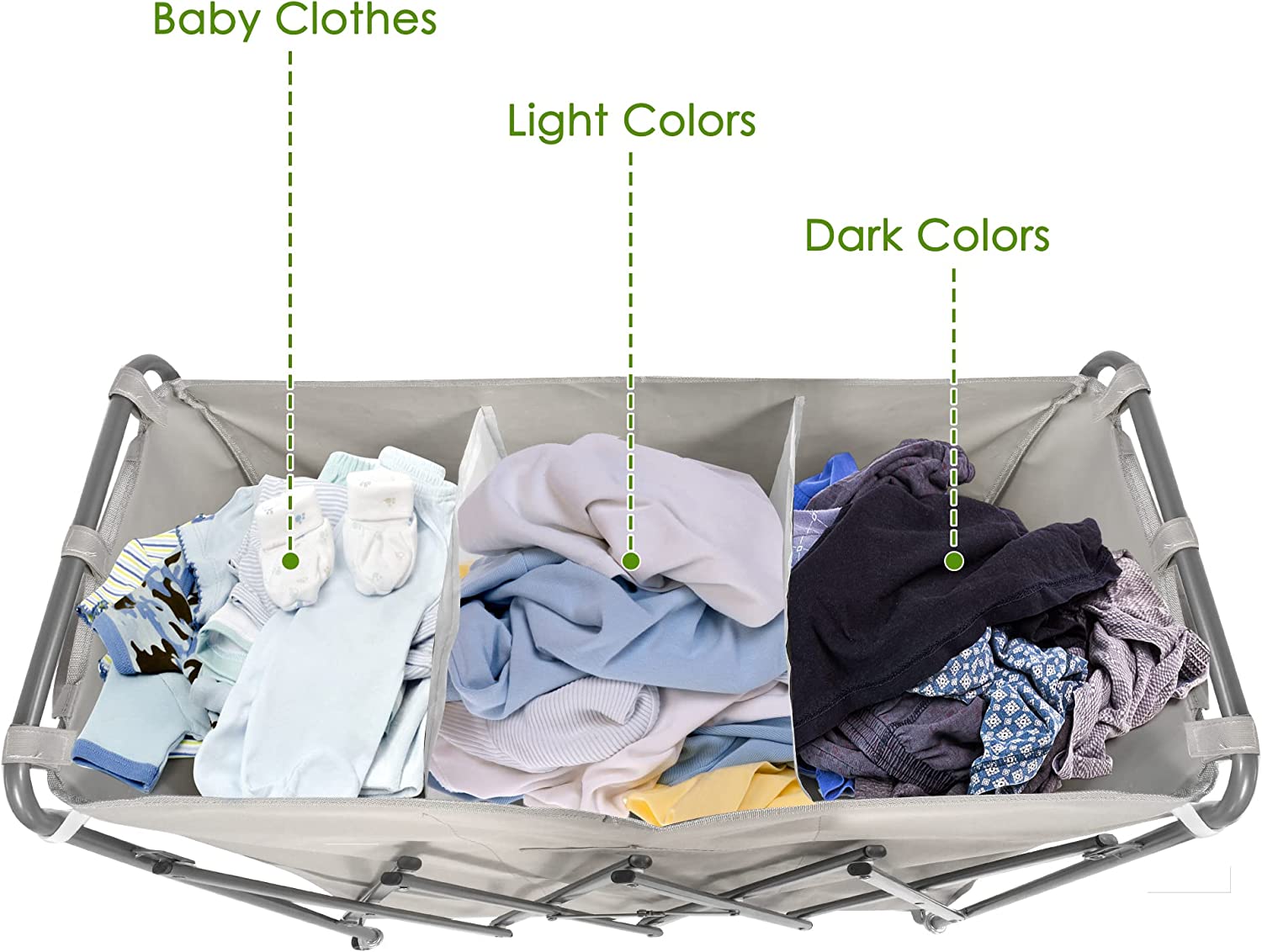 Folding 3 Sections Rolling Laundry Basket Laundry Cart Sorter Hamper w/ Lockable Wheels & Removable Bags, Grey - Bosonshop