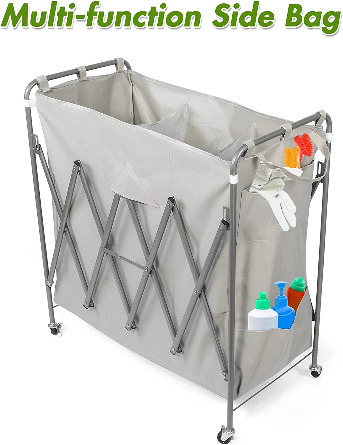 Folding 3 Sections Rolling Laundry Basket Laundry Cart Sorter Hamper w/ Lockable Wheels & Removable Bags, Grey - Bosonshop