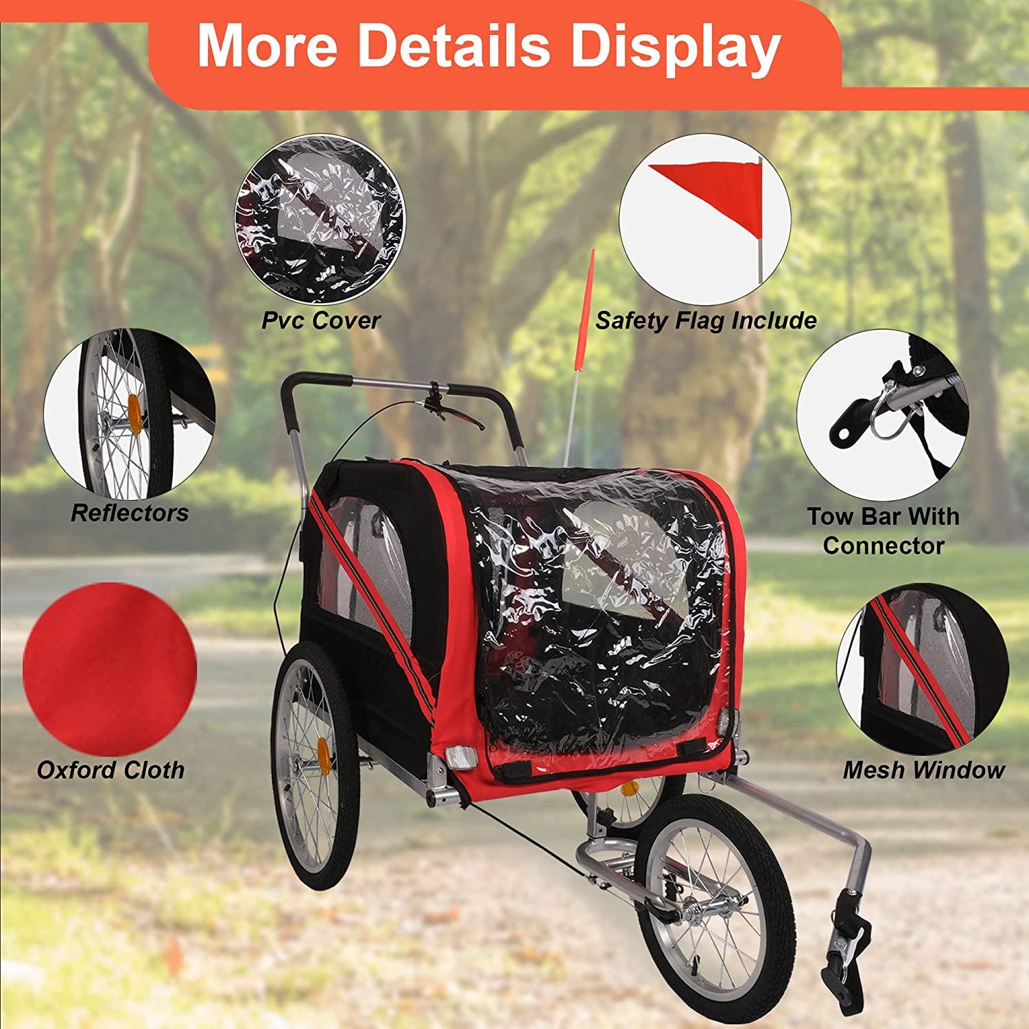 Dog Bike Trailer Cart 2 in 1 Pet Bicycle Stroller for Travel with Reflectors Parking Brake Breathable Protective Net, Red - Bosonshop