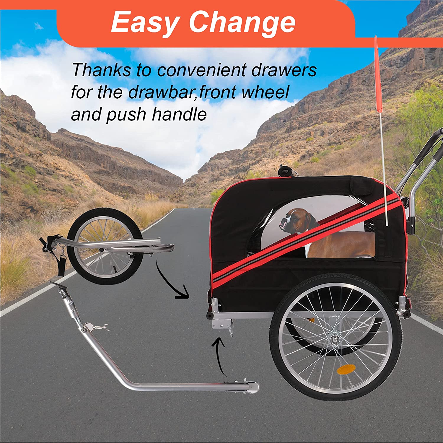 Dog Bike Trailer Cart 2 in 1 Pet Bicycle Stroller for Travel with Reflectors Parking Brake Breathable Protective Net, Red - Bosonshop